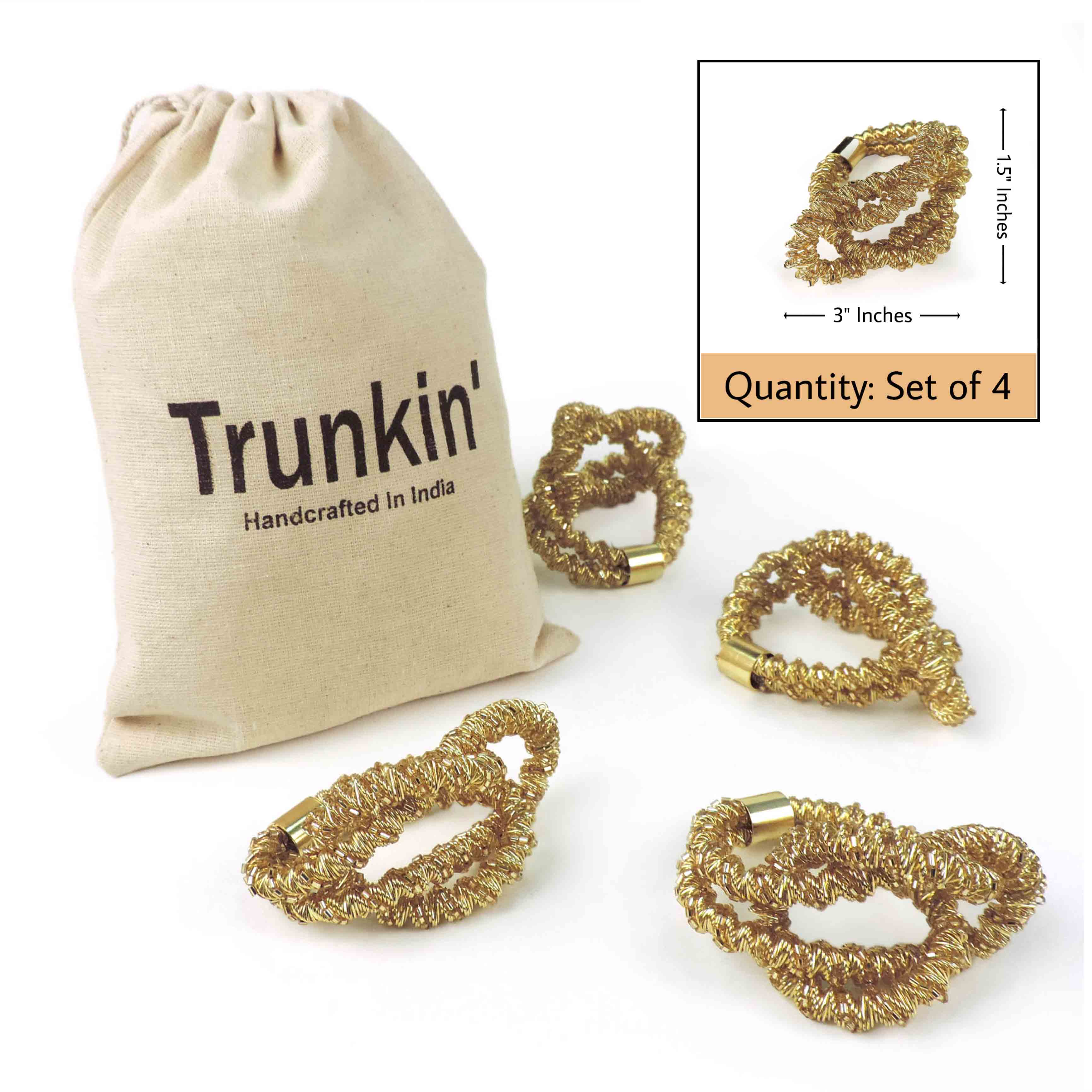 Square Knot Beaded Napkin Ring in Gold, Set of 4