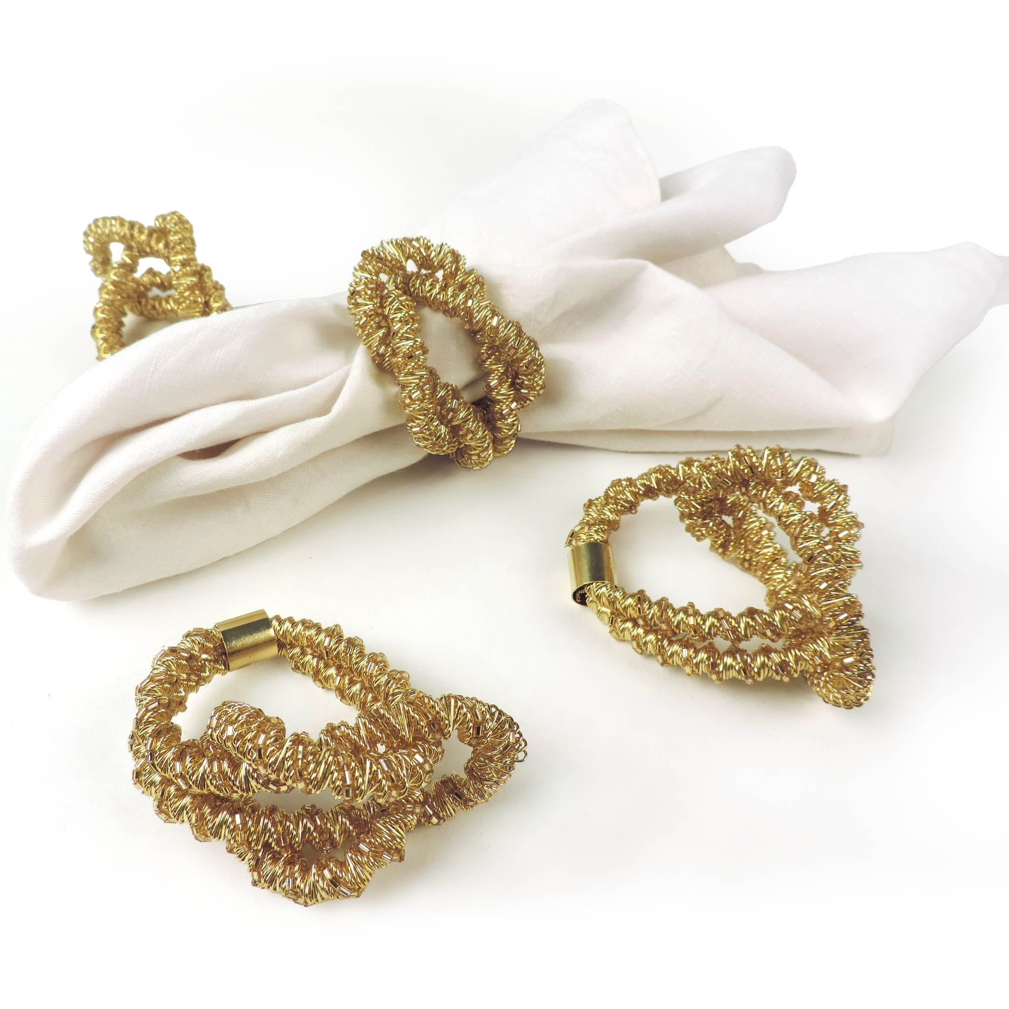 Square Knot Beaded Napkin Ring in Gold, Set of 4