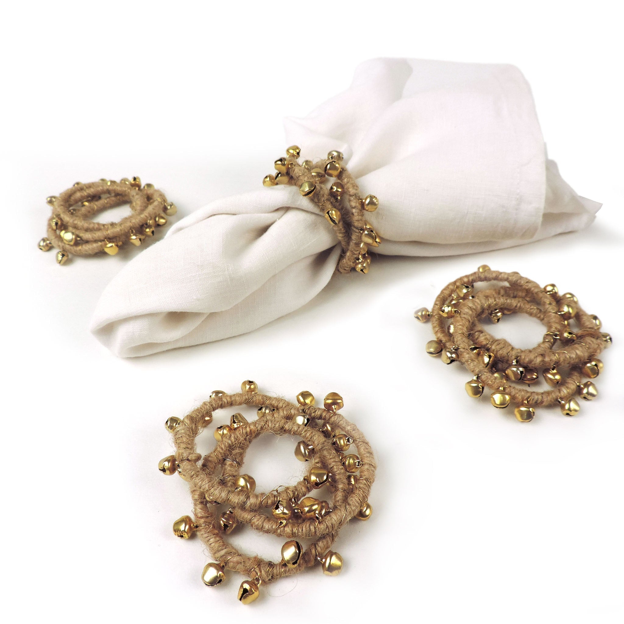 With Bells On Natural Jute Napkin Ring in Gold, Set of 4