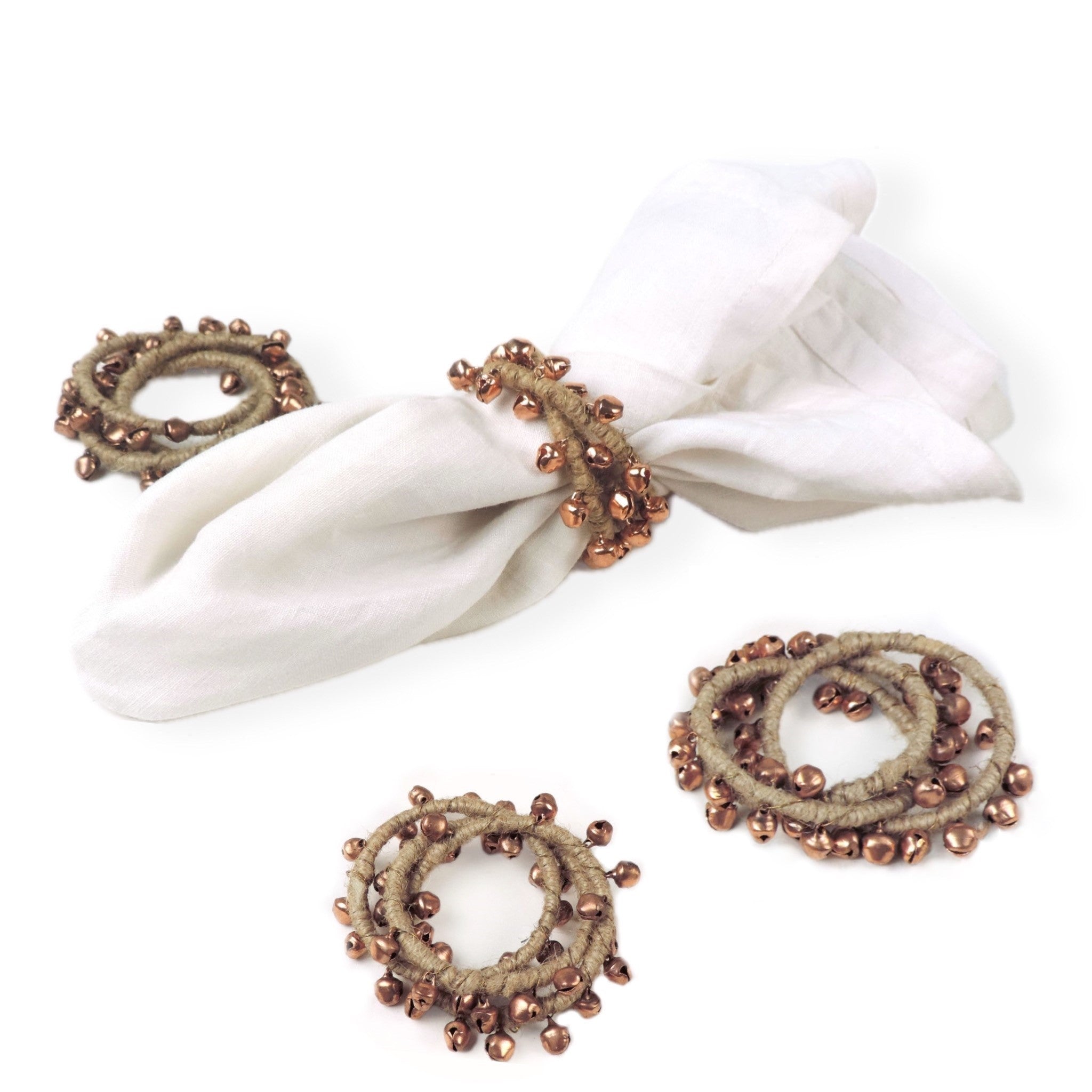 With Bells On Natural Jute Napkin Ring in Copper, Set of 4