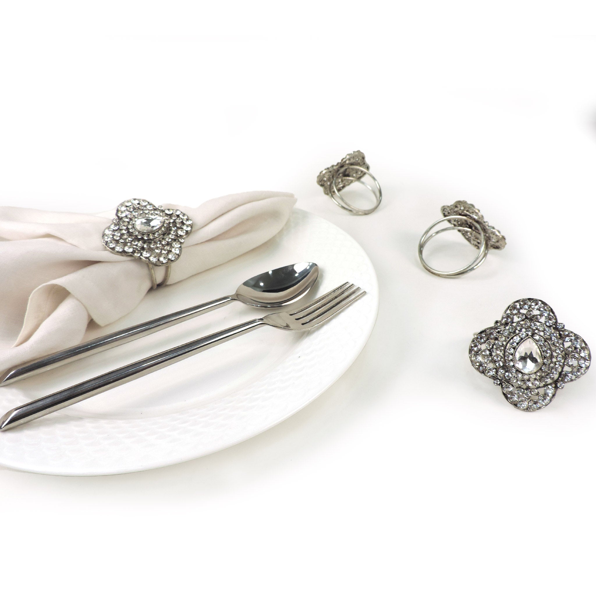 Gemstone Embellished Napkin Ring in Silver, Set of 4