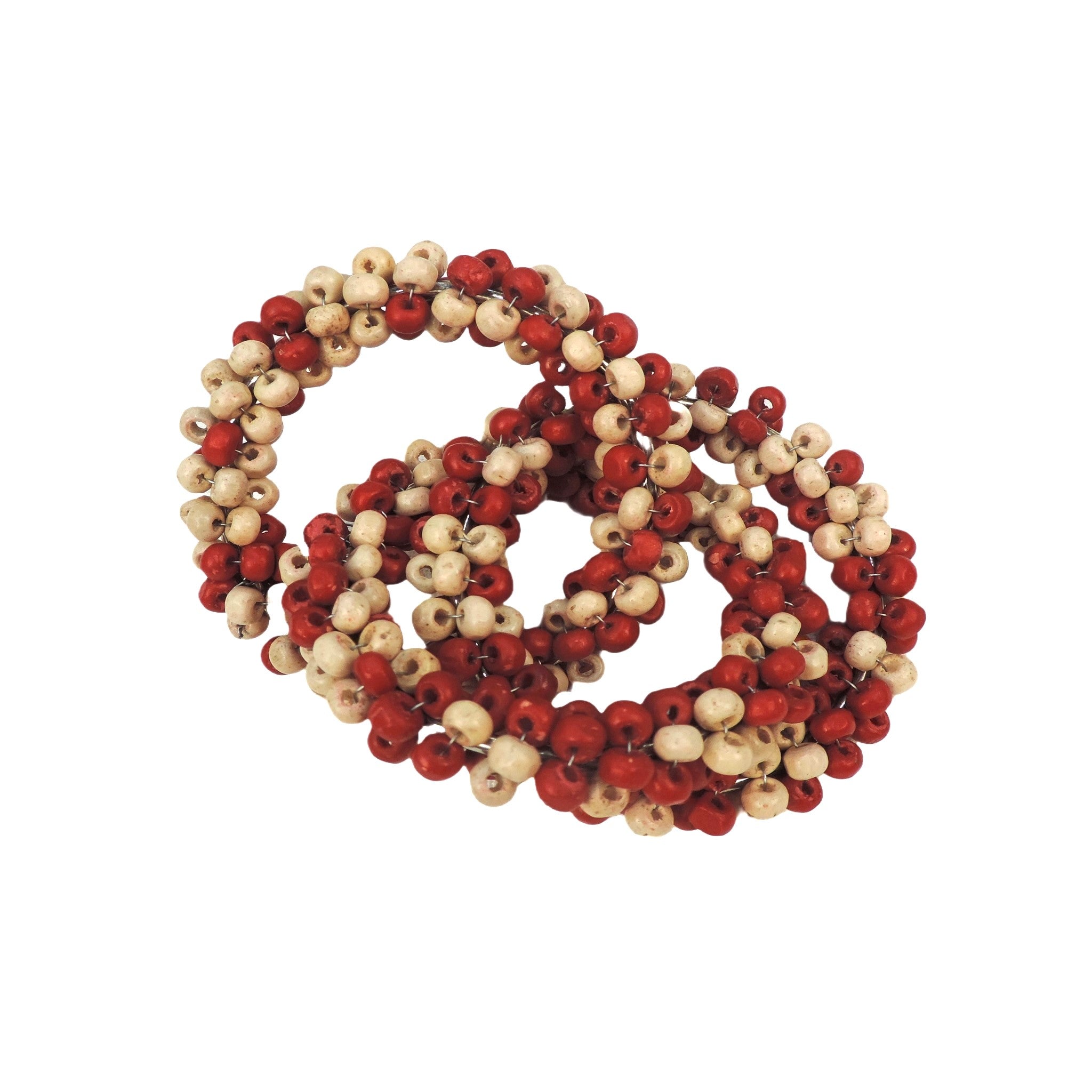 Hand Beaded Wooden Napkin Ring in Red & Cream, Set of 4