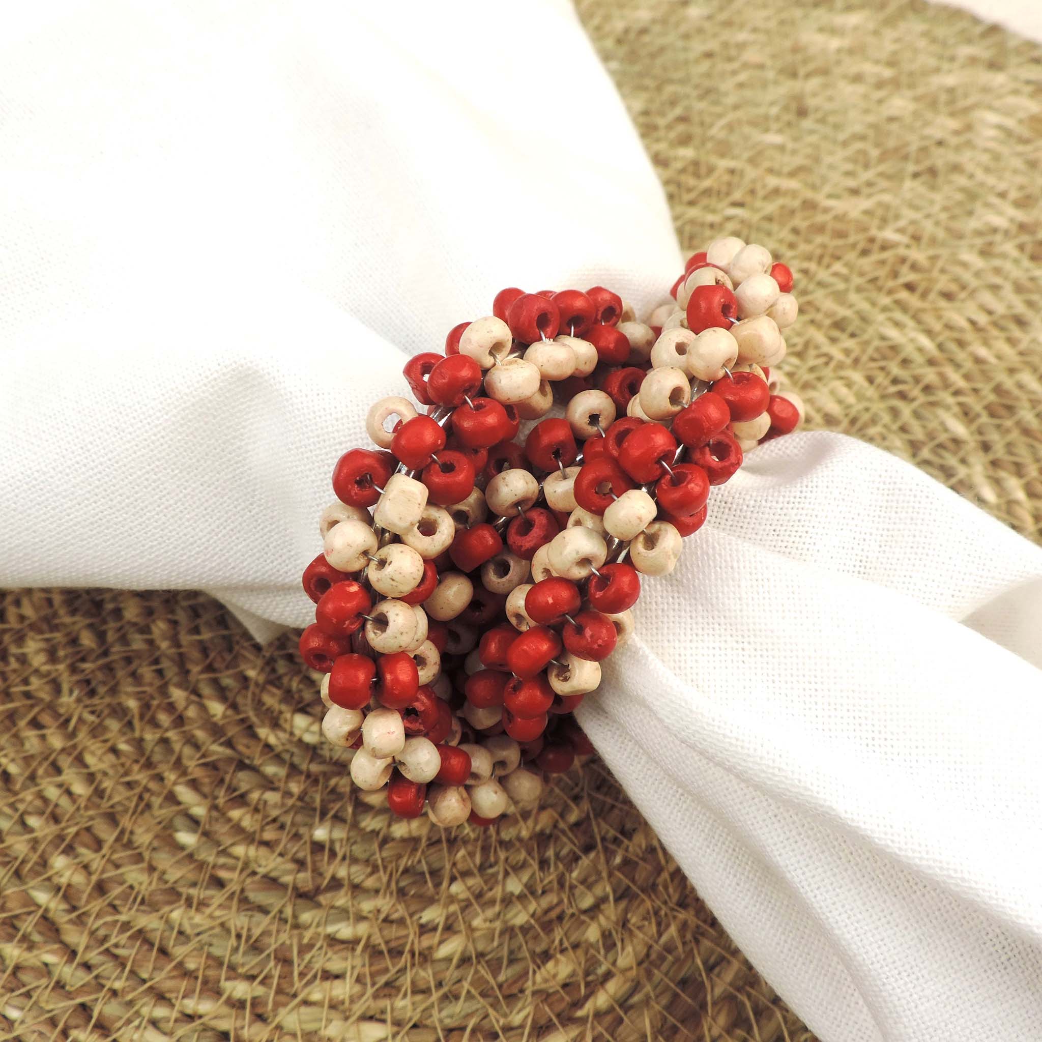 Hand Beaded Wooden Napkin Ring in Red & Cream, Set of 4