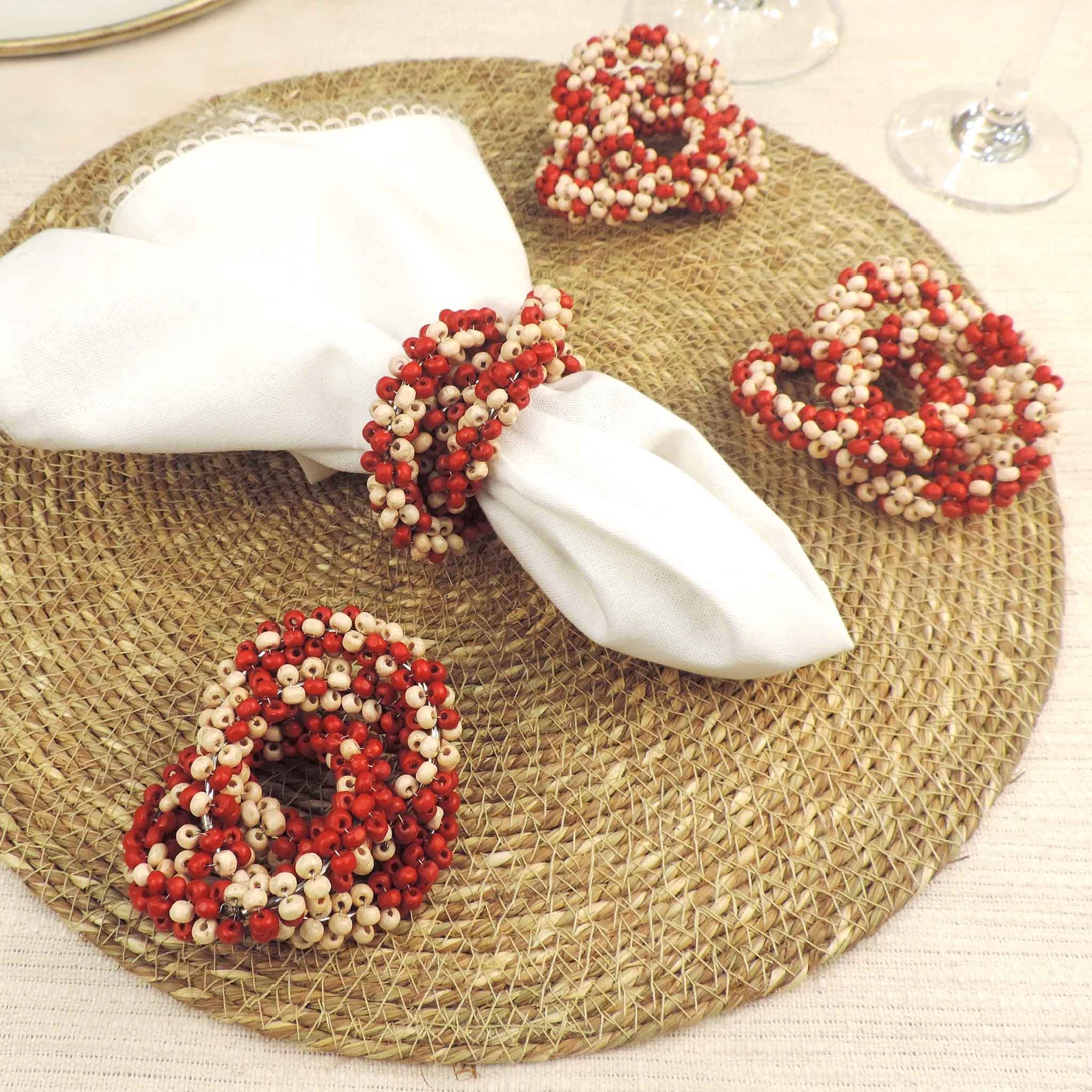 Hand Beaded Wooden Napkin Ring in Red & Cream, Set of 4