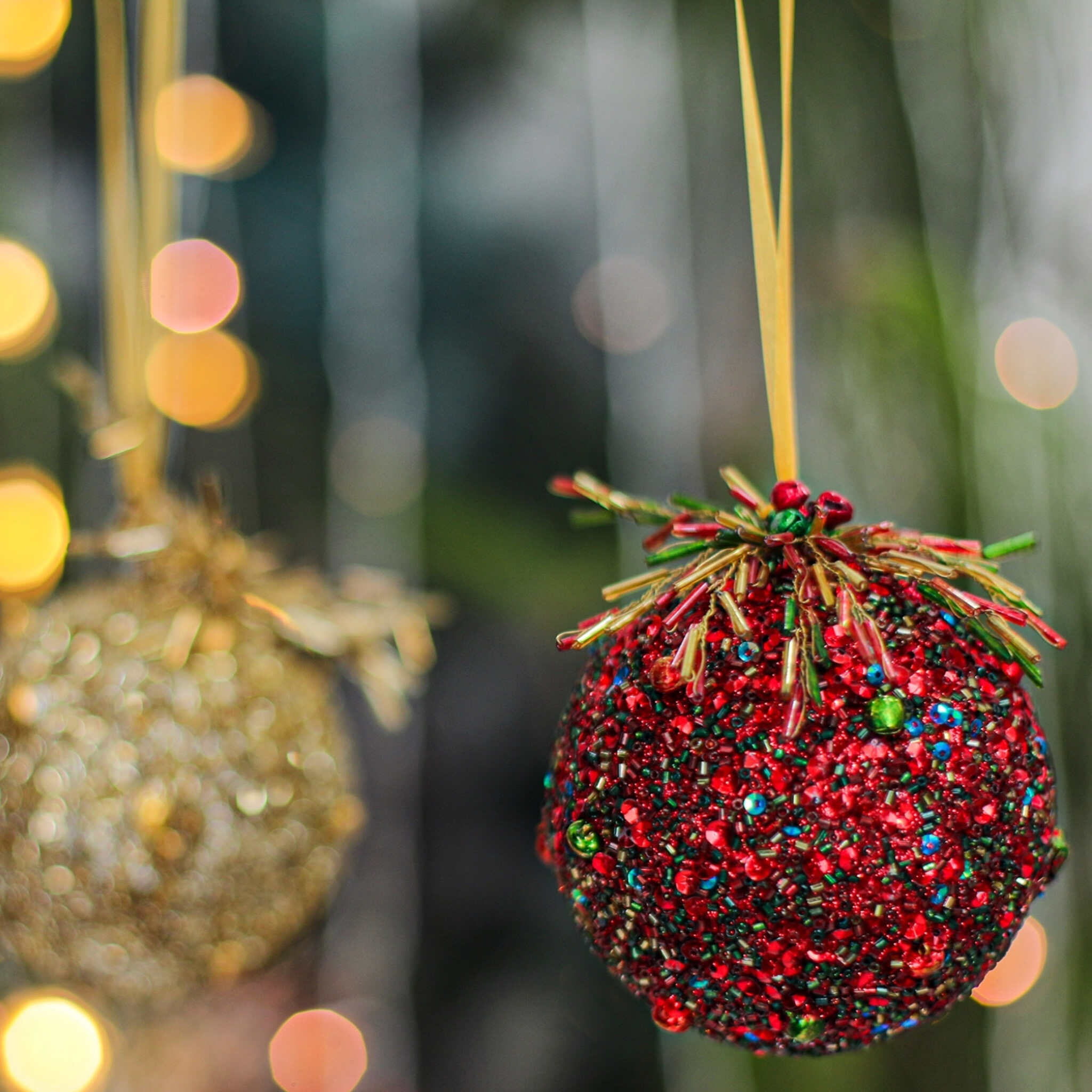 Christmas Tree Bead Ornament in Silver, Red & Gold, Set of 3