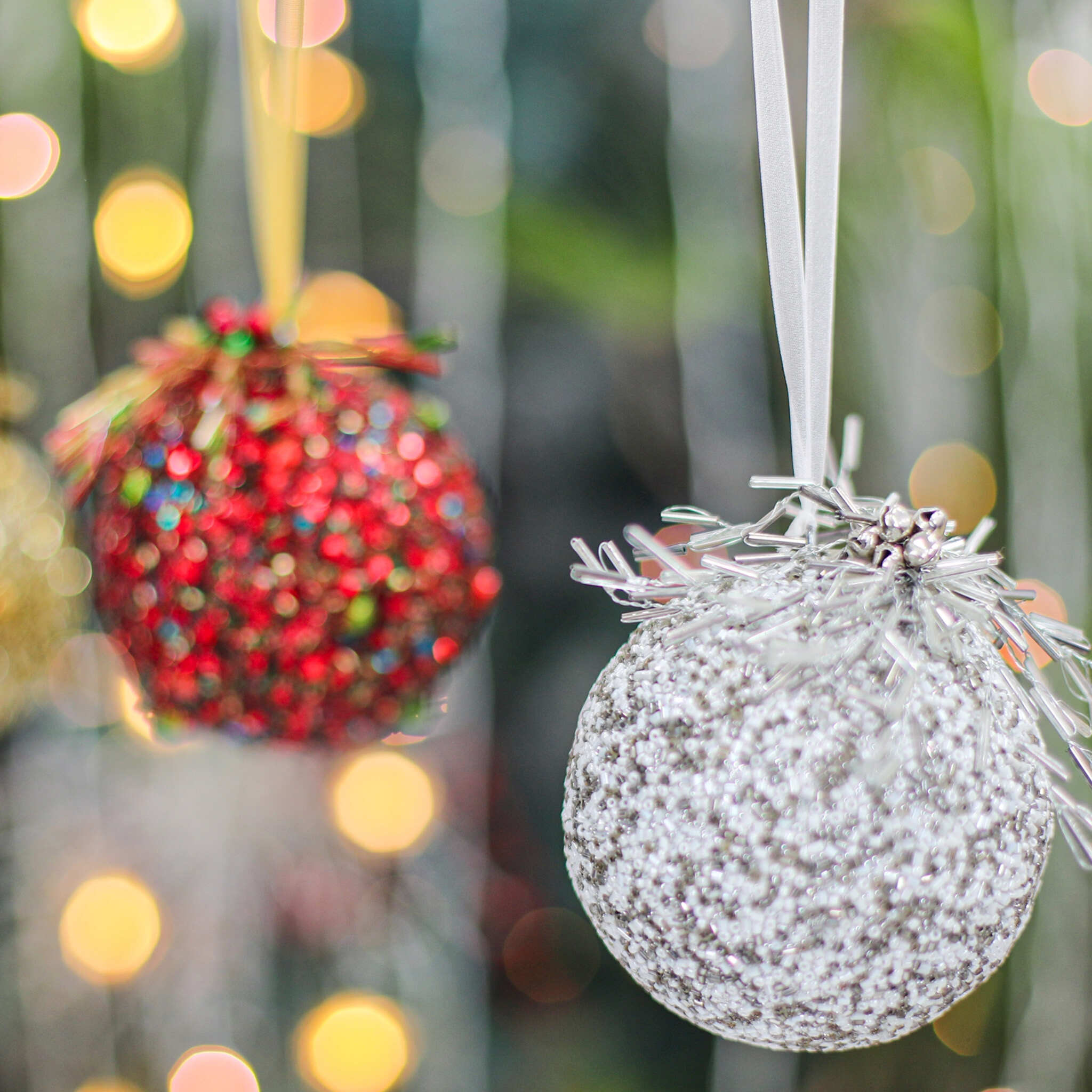 Christmas Tree Bead Ornament in Silver, Red & Gold, Set of 3