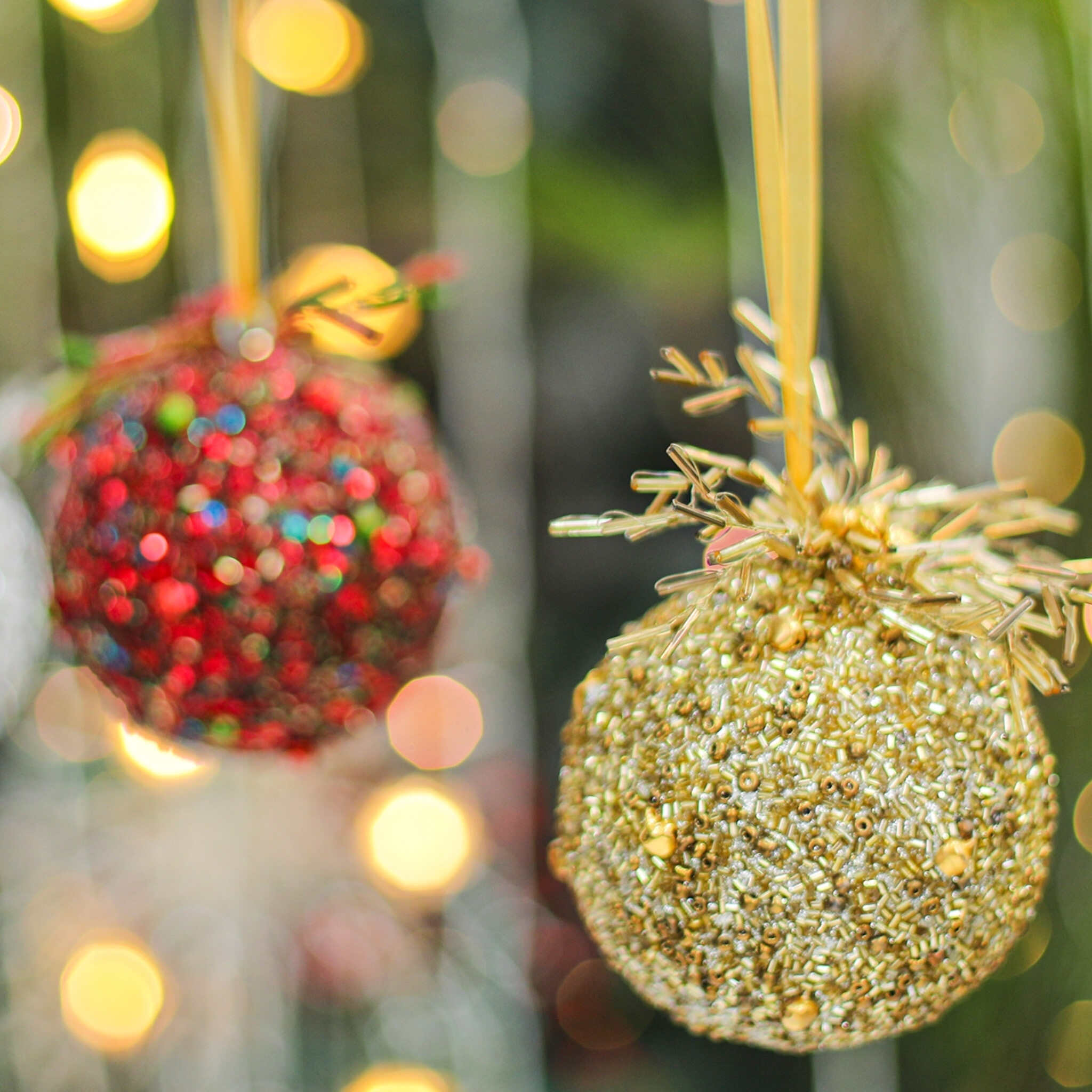 Christmas Tree Bead Ornament in Silver, Red & Gold, Set of 3