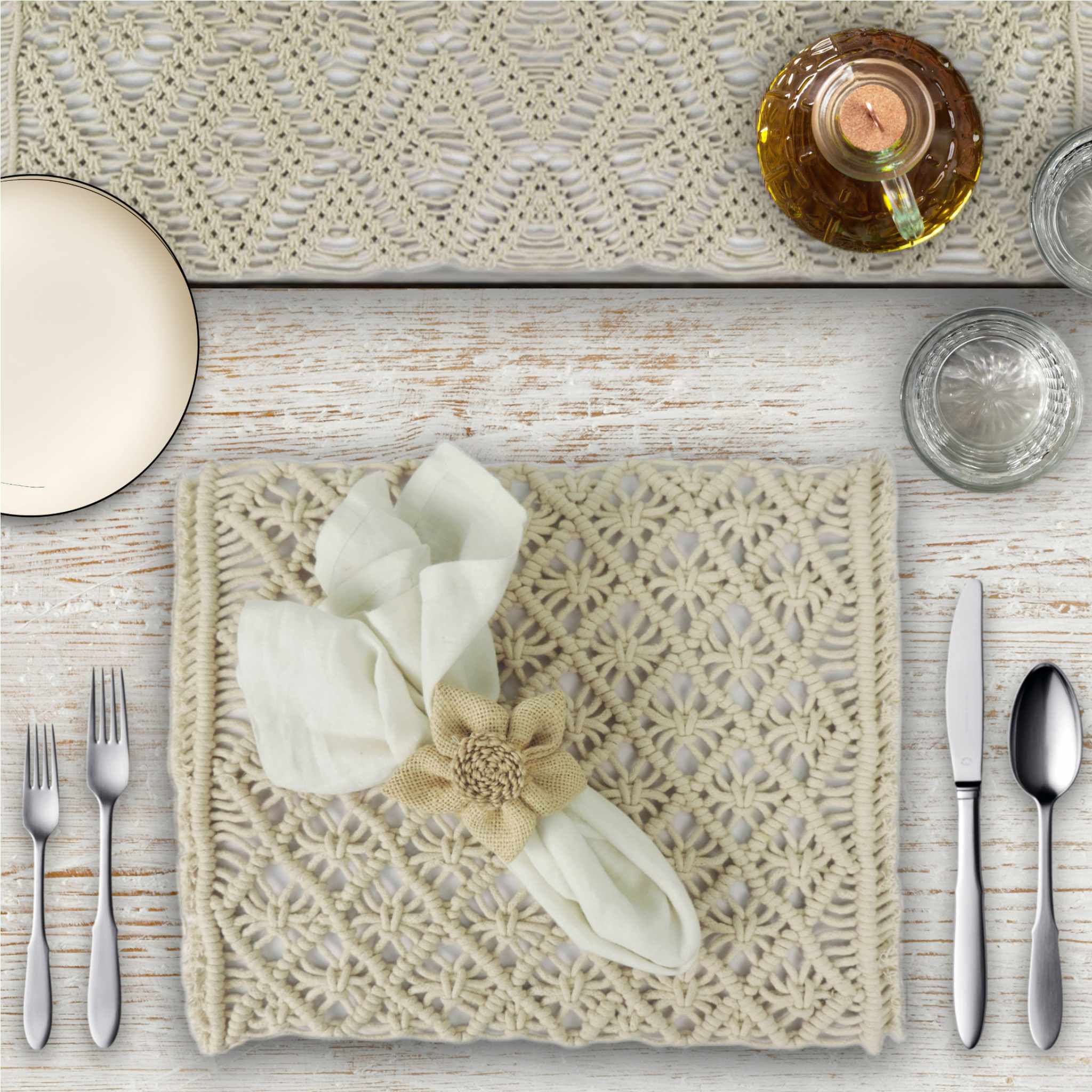 Handmade Cotton Woven Macrame Table Setting in White