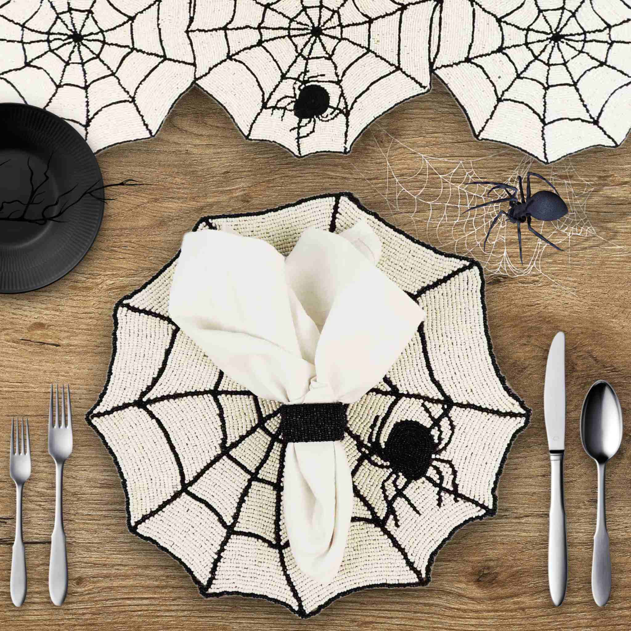 Spiderweb Halloween Bead Table Setting - Cream & Black