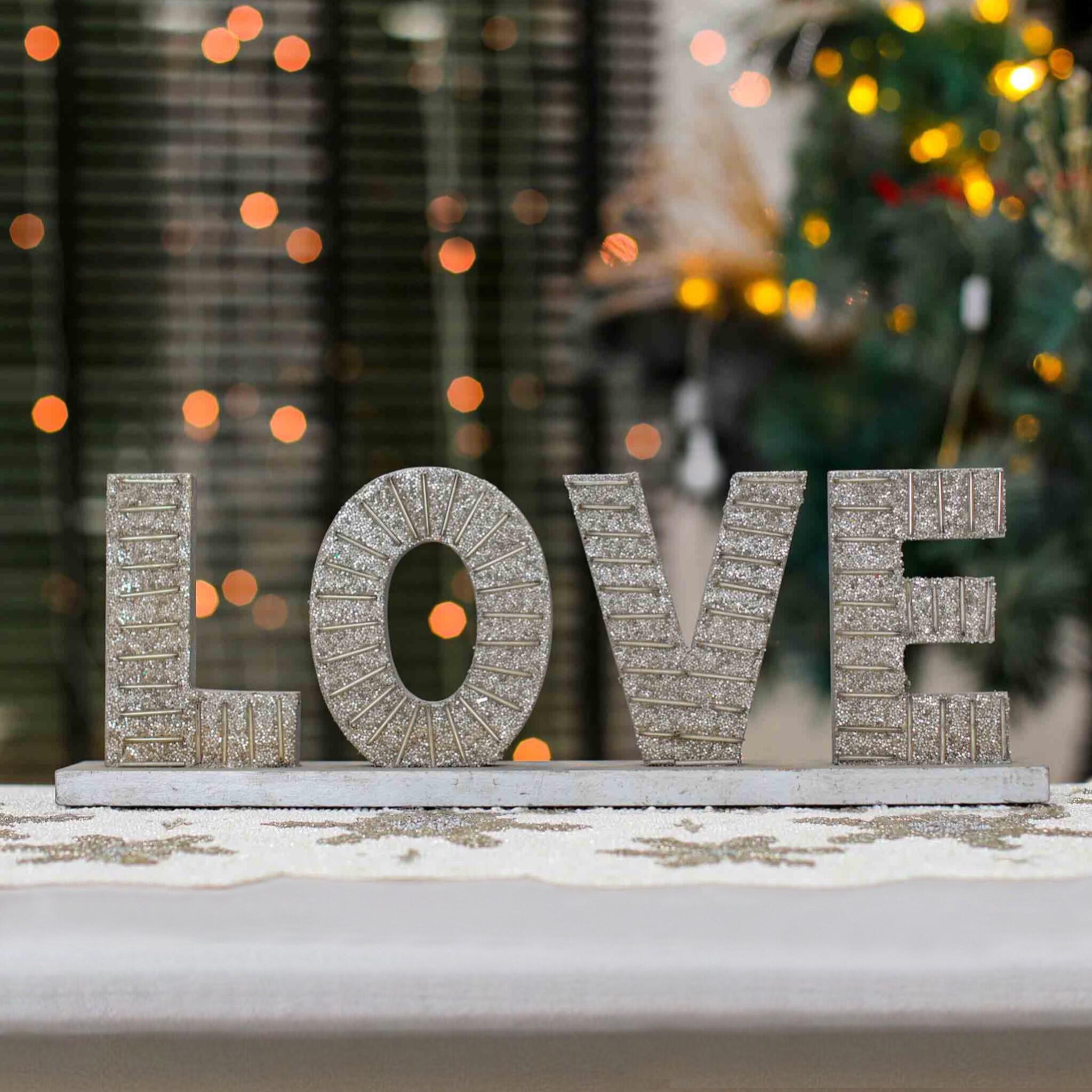 Beaded Wood Sign #Love Table Decor in Silver