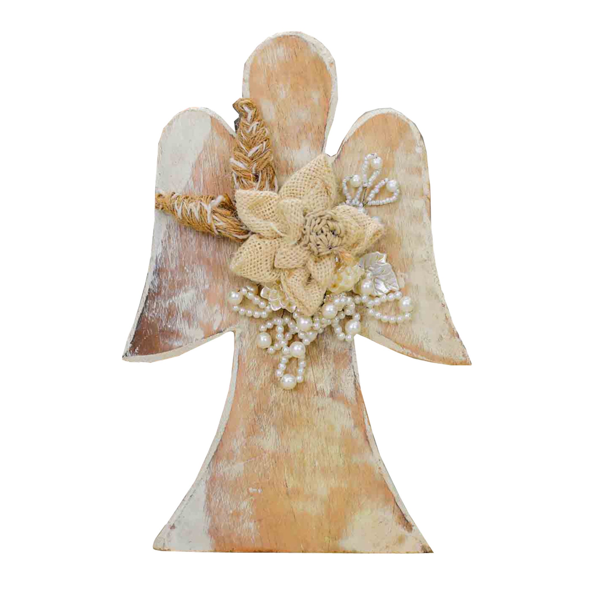 Angel Wood Christmas Figurine with Jute Flower in Cream