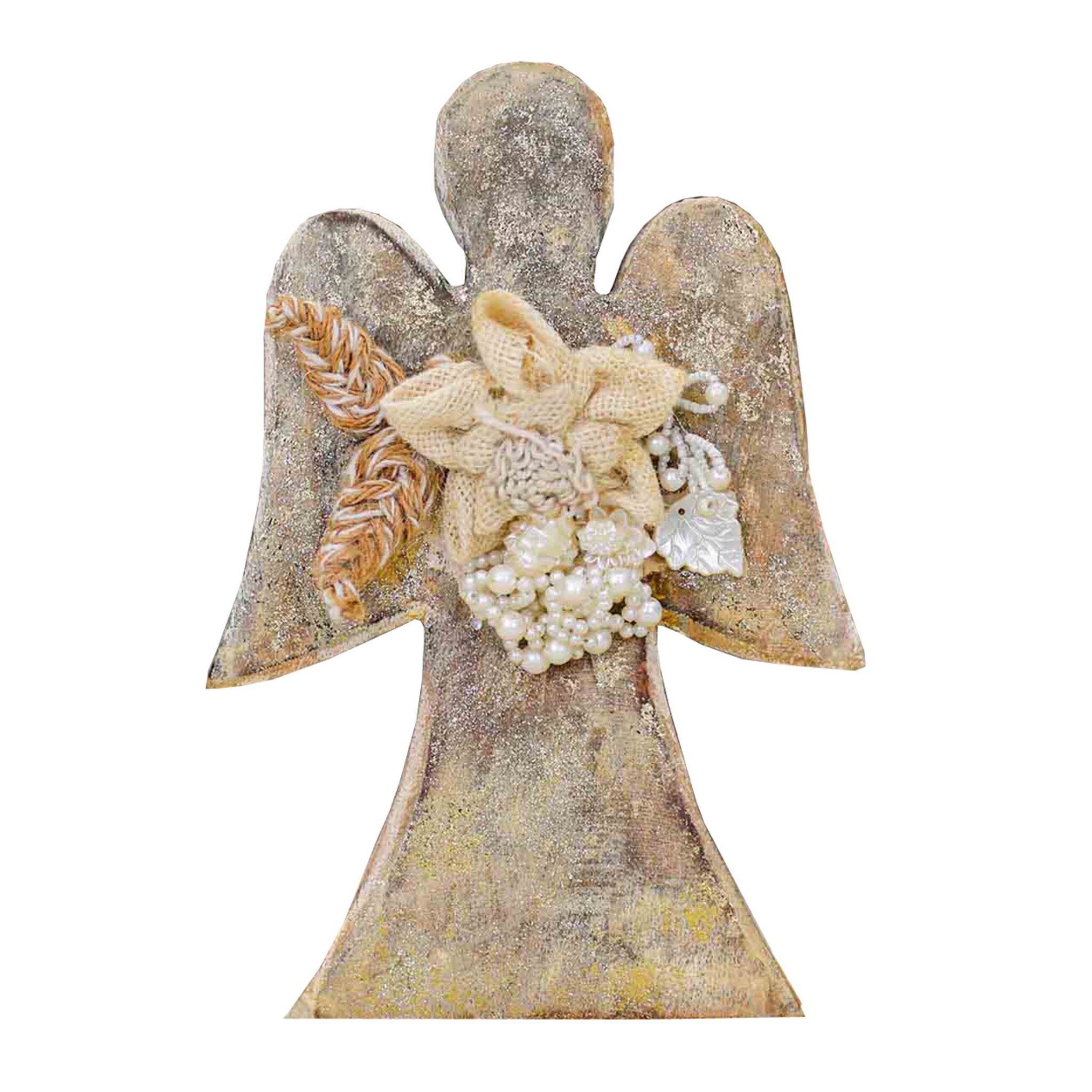 Angel Wood Christmas Figurine with Jute Flower in Natural