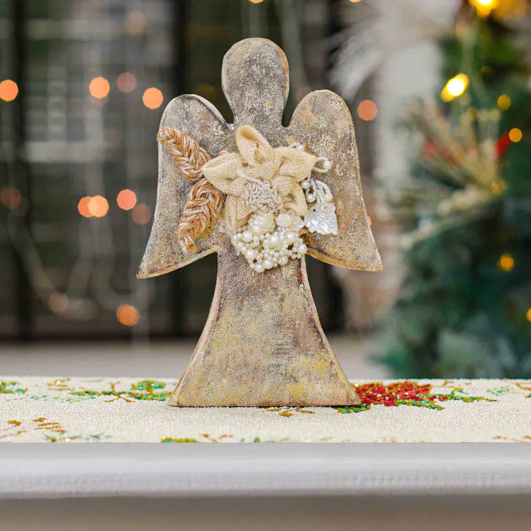 Angel Wood Christmas Figurine with Jute Flower in Natural