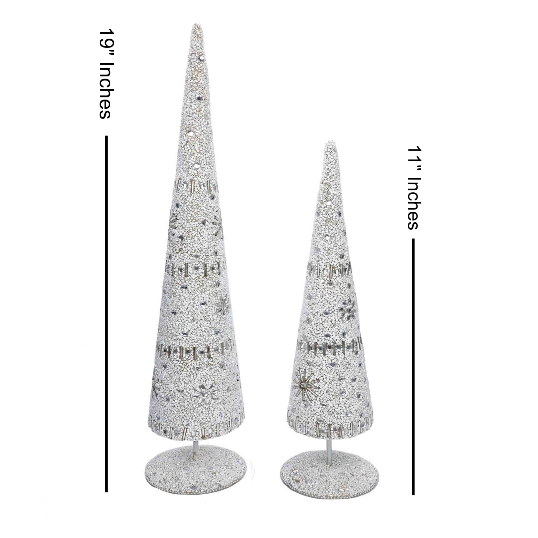 Enchanted Beaded Cone Christmas Tree in White, Set of 2