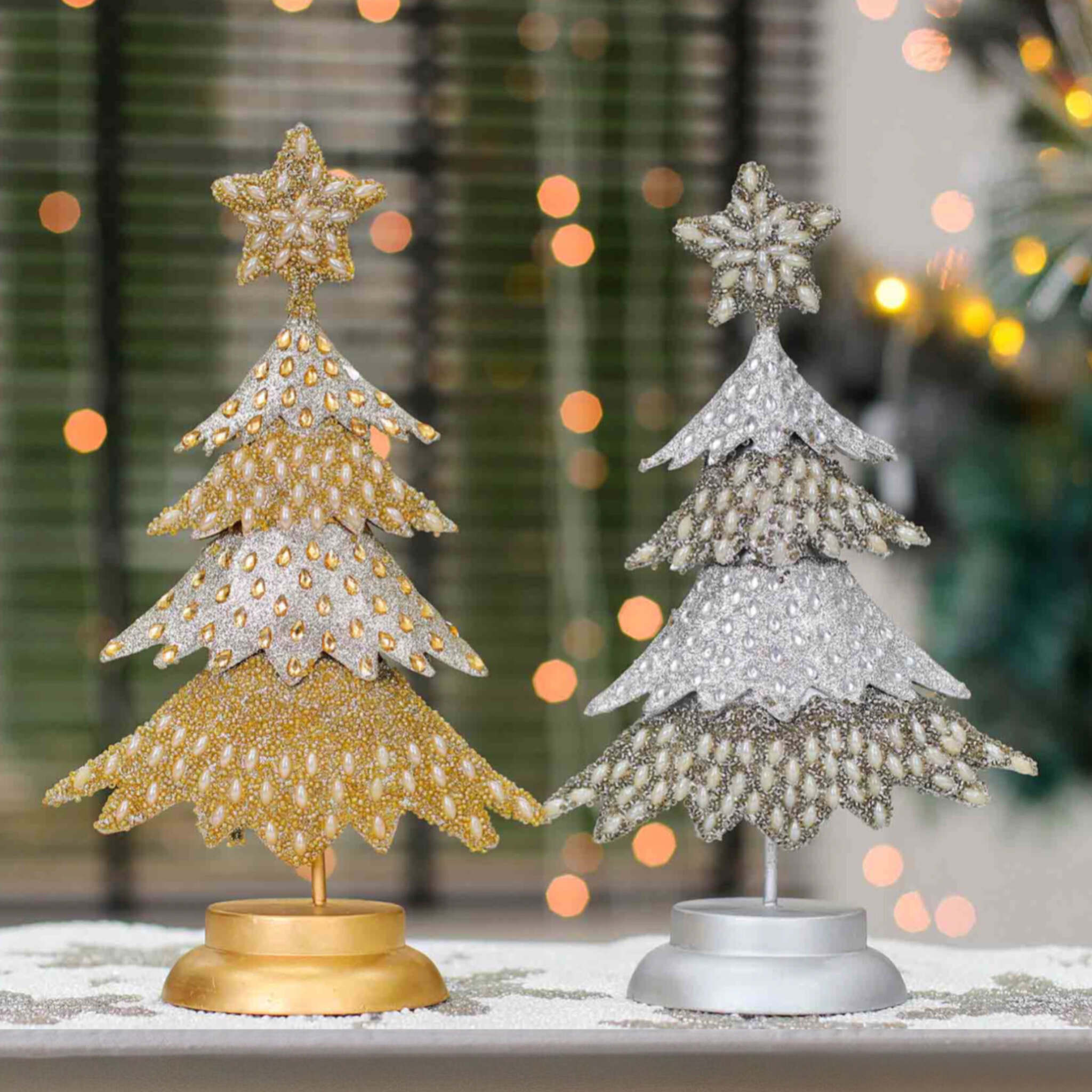 Whoville Beaded Christmas Tree in Gold & Silver, Set of 2