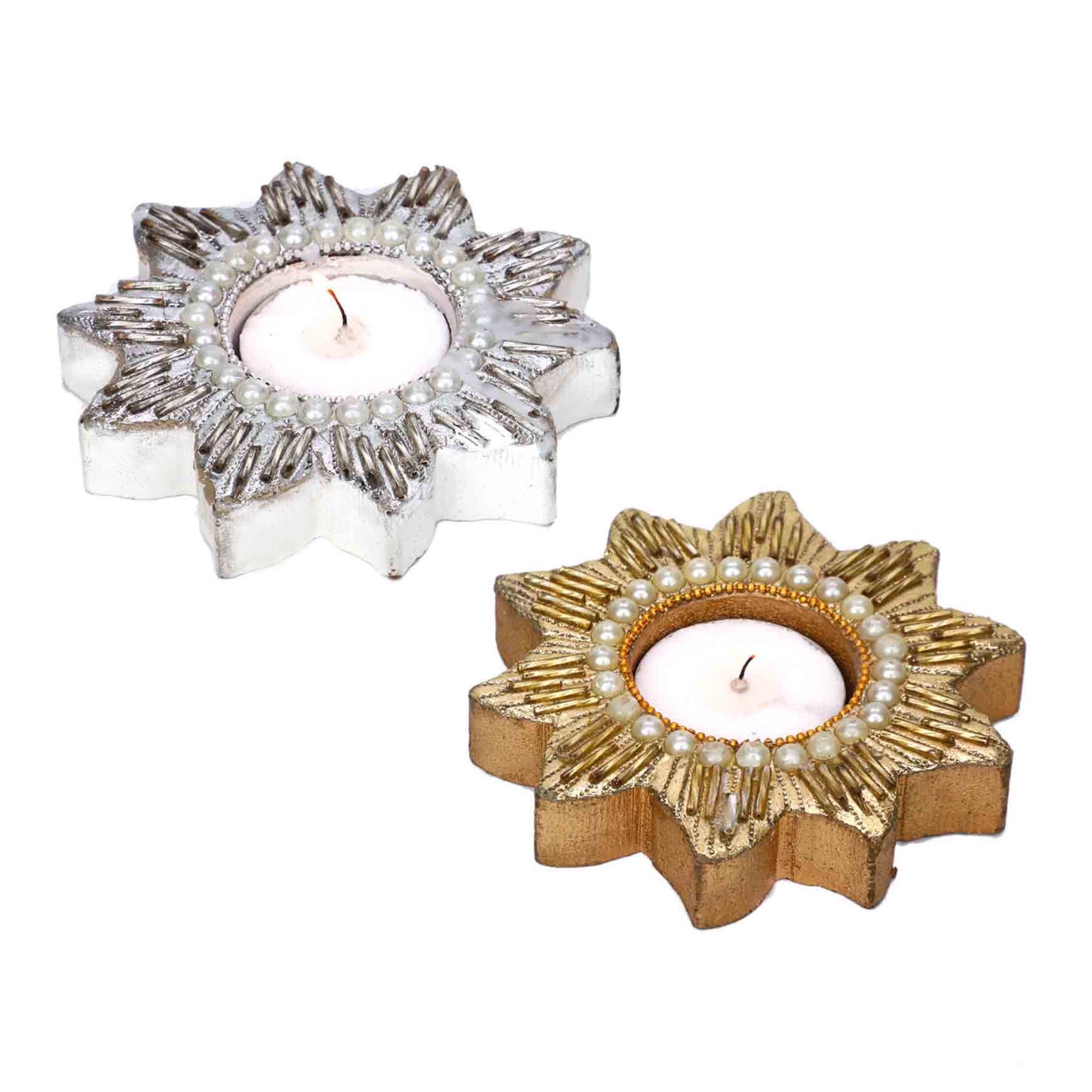 Shing Sol Tea light Candle Holder in White & Gold, Set of 2