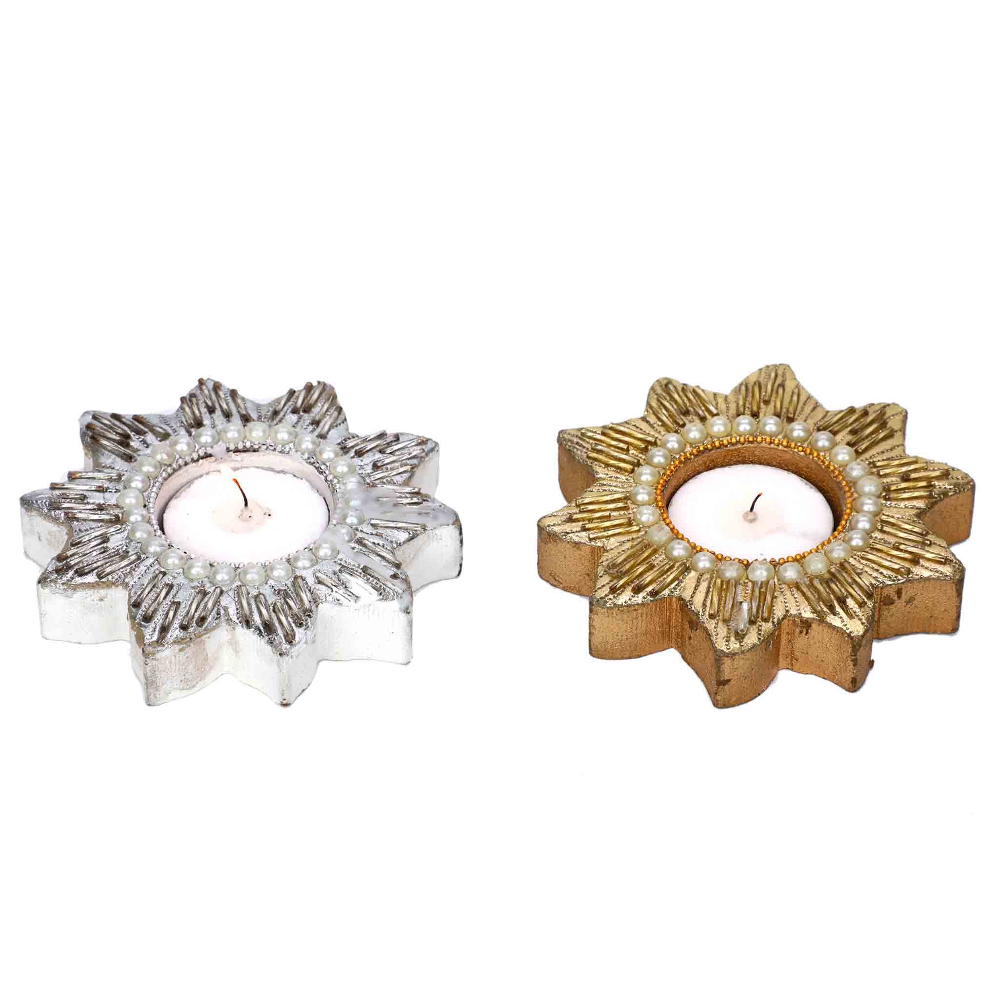 Shing Sol Tea light Candle Holder in White & Gold, Set of 2