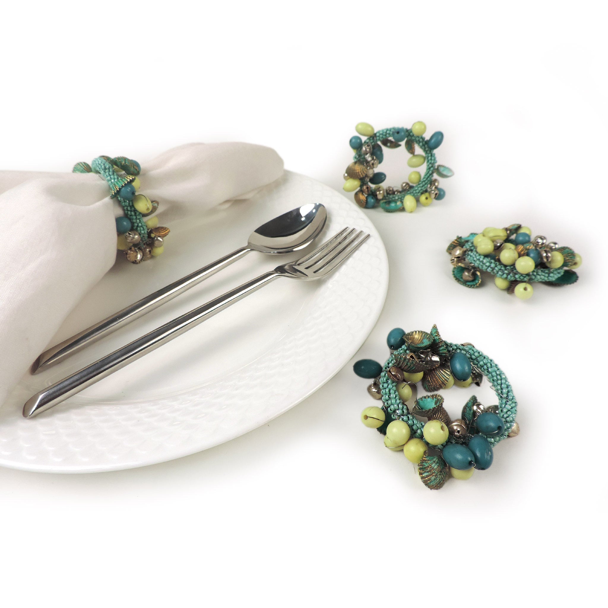 Boho Shell & Bead Napkin Ring in Turquoise, Set of 4
