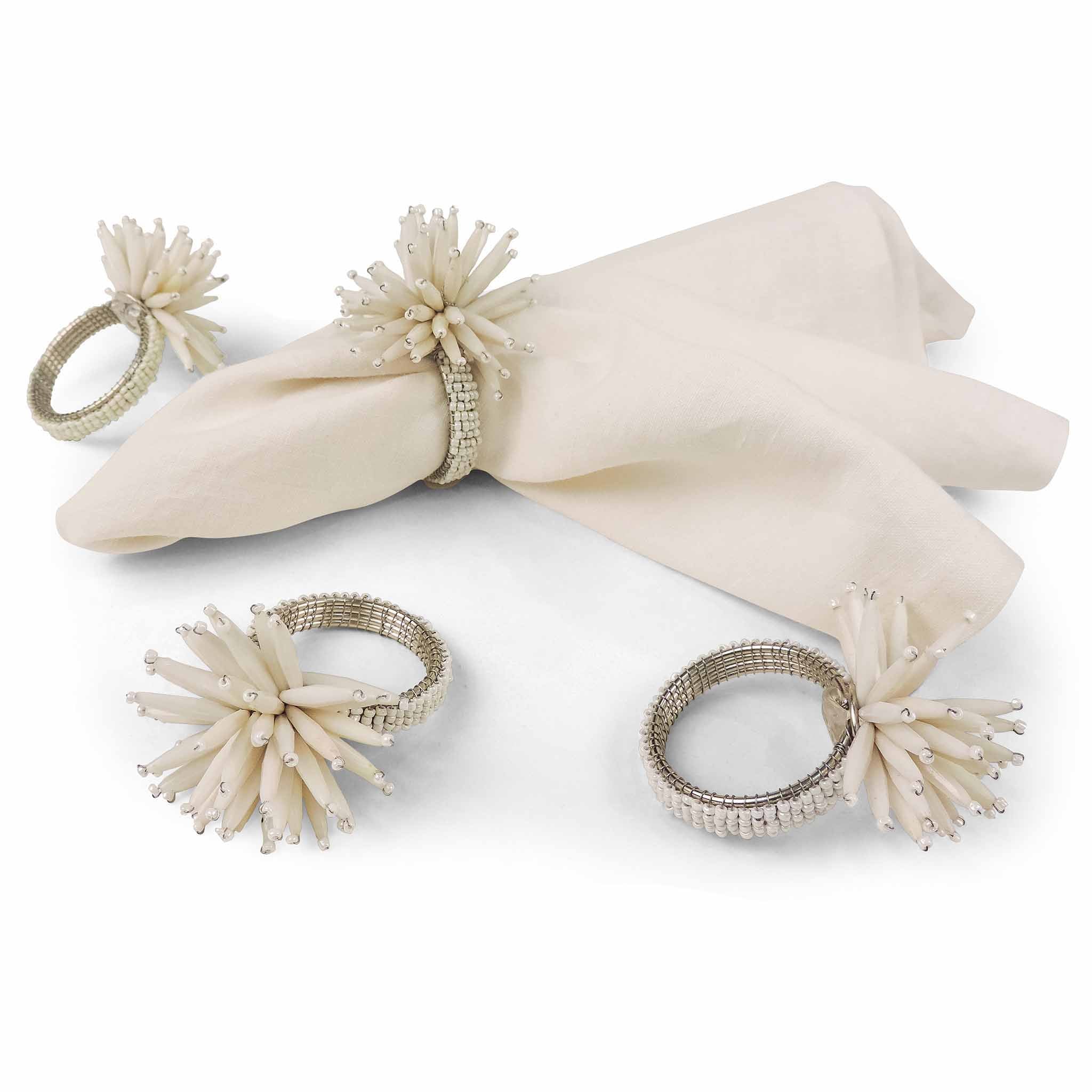 Beaded Thistle Napkin Ring in White, Set of 4
