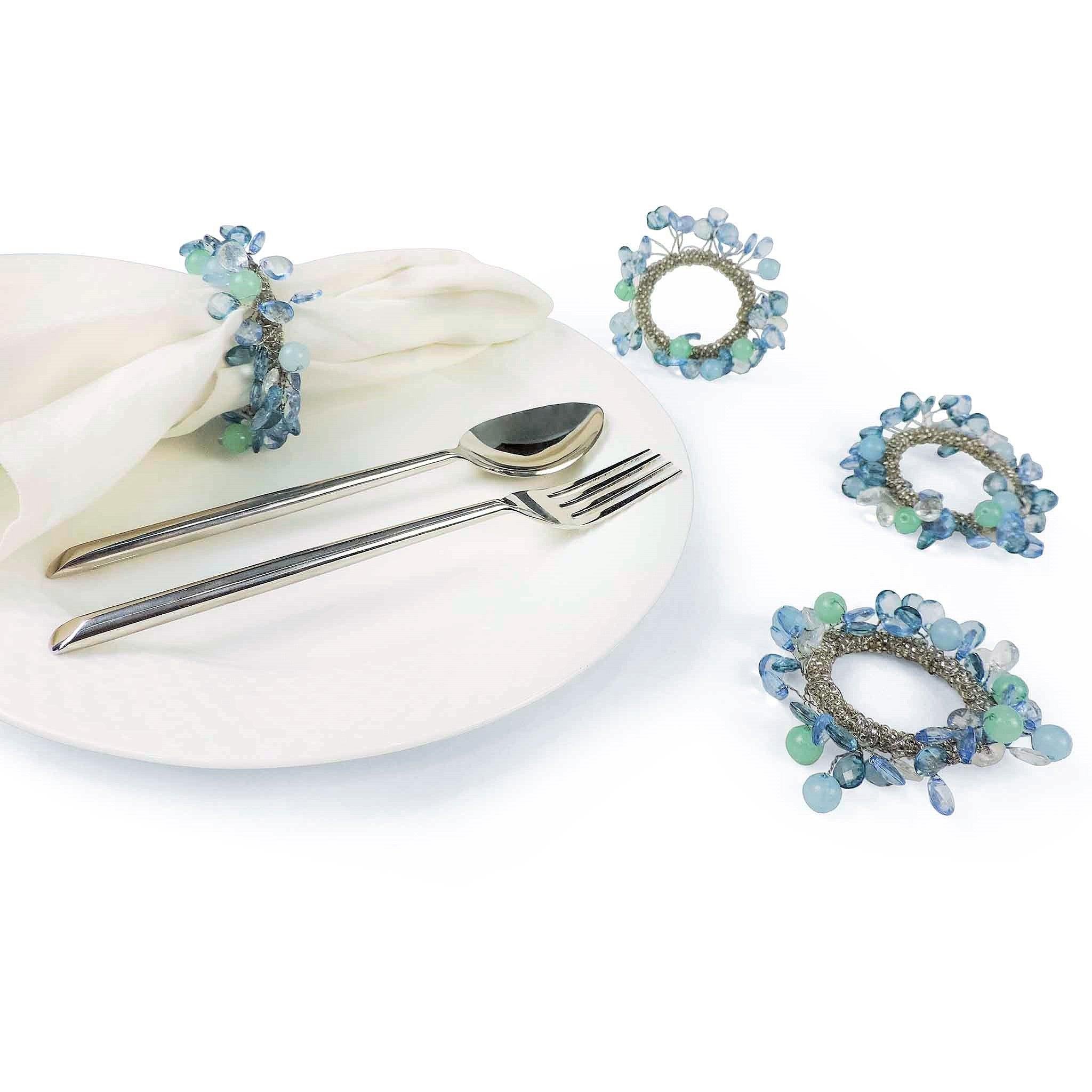 Blue-Chip Beaded Napkin Ring in Blue, Set of 4
