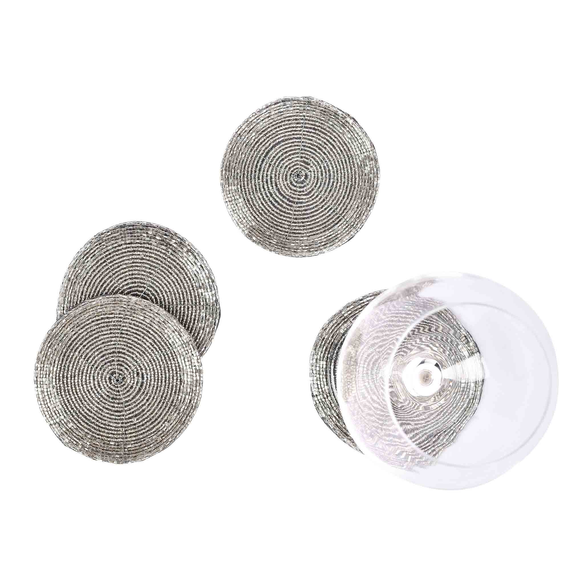 Glass Beaded Coaster in Silver, Set of 4