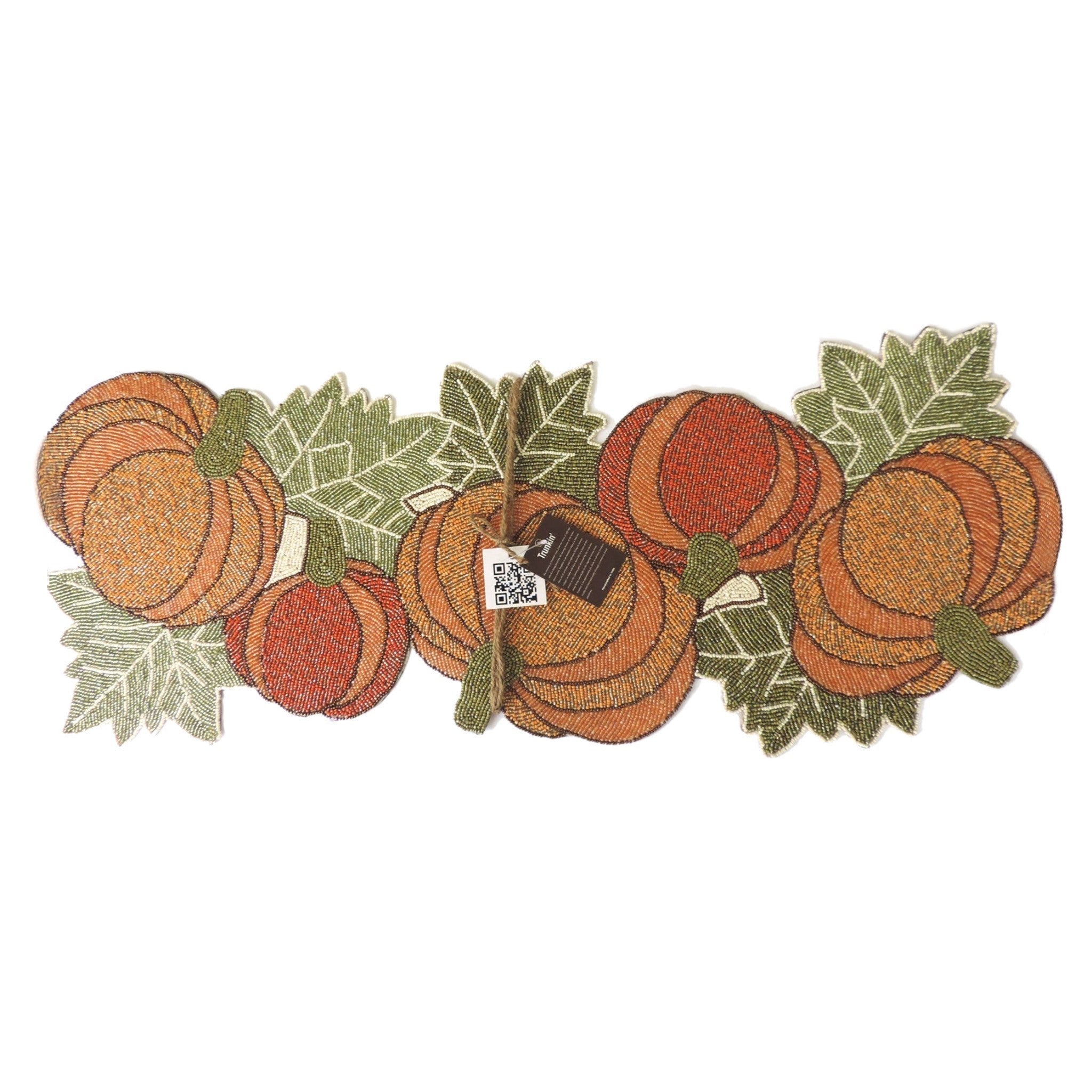 Harvest Pumpkin Glass Bead Embroidered Table Runner in Autumn Colors