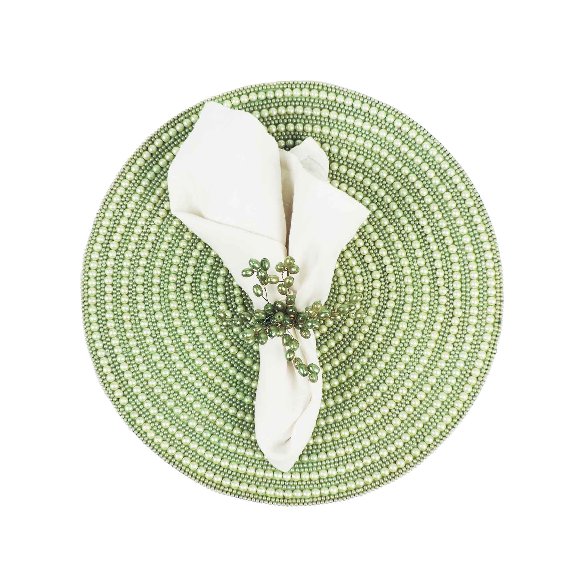 Whirl Bead Table Setting for 4 - Embroidered Placemats, Coasters & Napkin Rings in Light Green