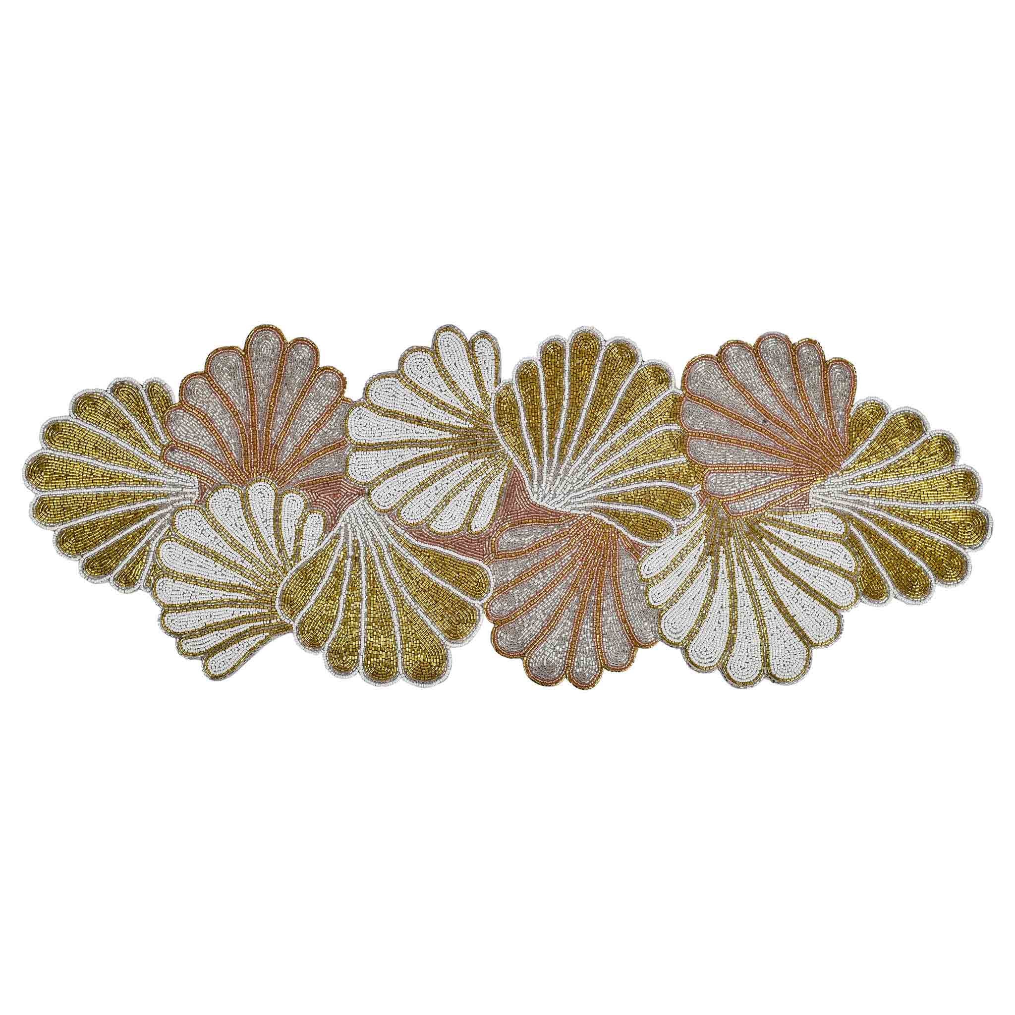 Scalloped Table Setting for 4 - Embroidered Placemats, Napkin Rings & Table Runner in Gold