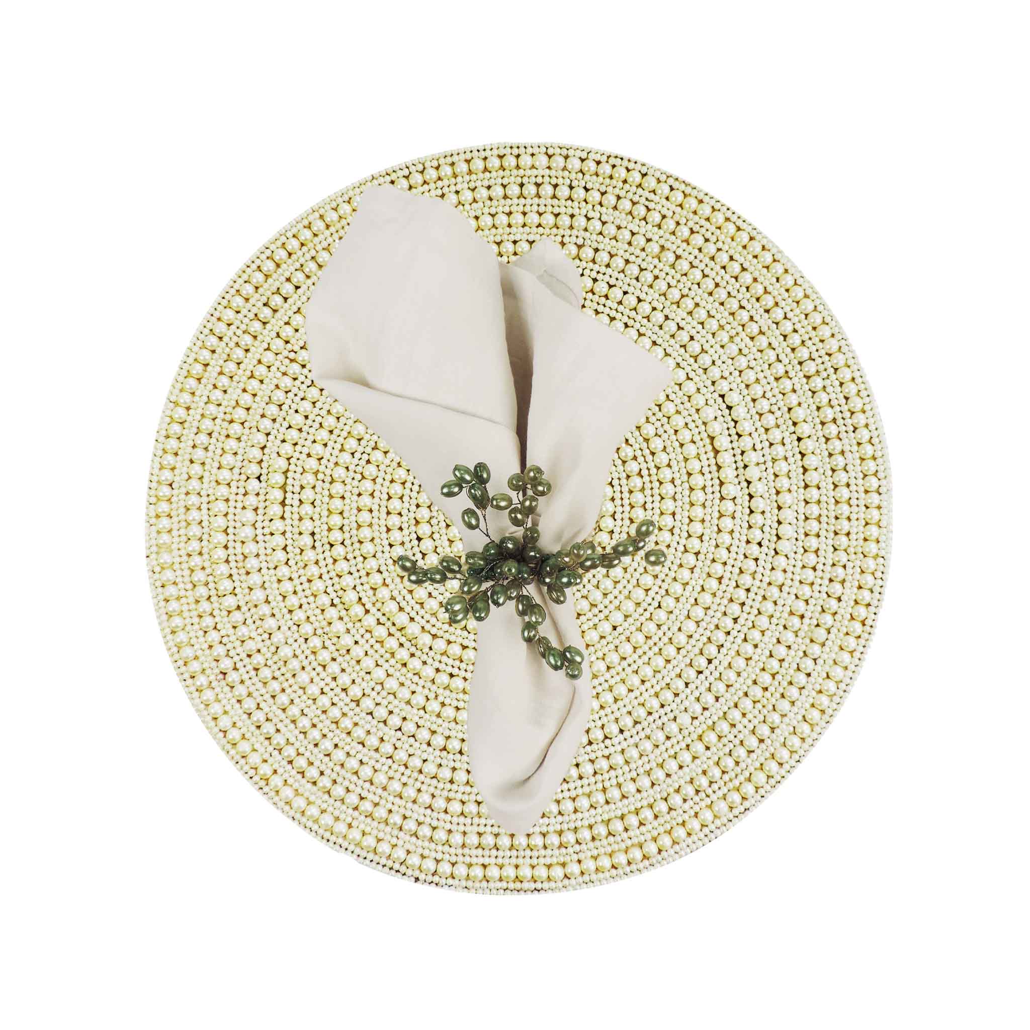 Whirl Bead Table Setting for 4 -  Embroidered Placemats, Coasters & Napkin Rings in Cream