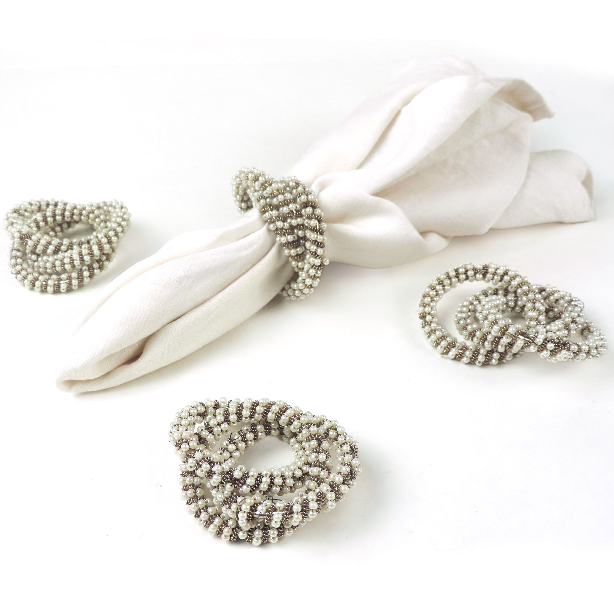 Roped Pearl Napkin Ring in White & Silver, Set of 4