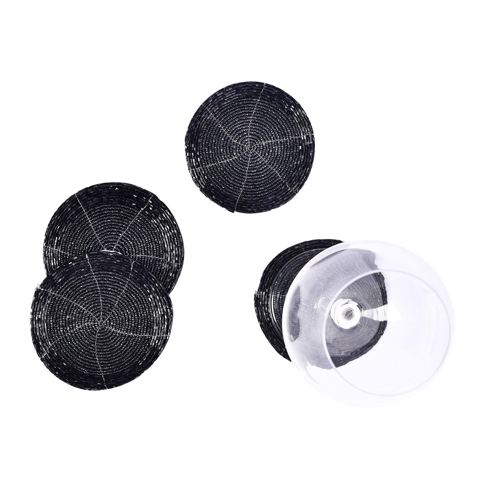 Terrific Trios - Glass Beaded Placemats, Coaster & Napkin Rings<br>Color: Black<br>Set of 4 - Trunkin' USA