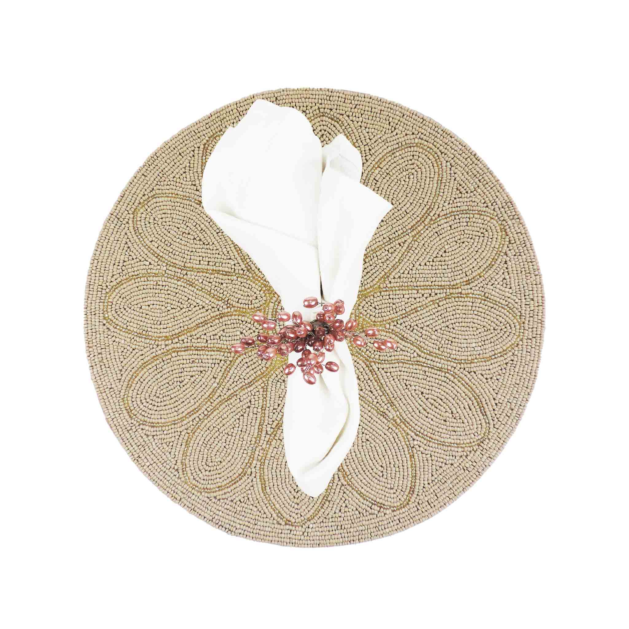 Petal Impressions Bead Table Setting for 4 - Embroidered Placemats, Coasters & Napkin Rings in Dusty Pink