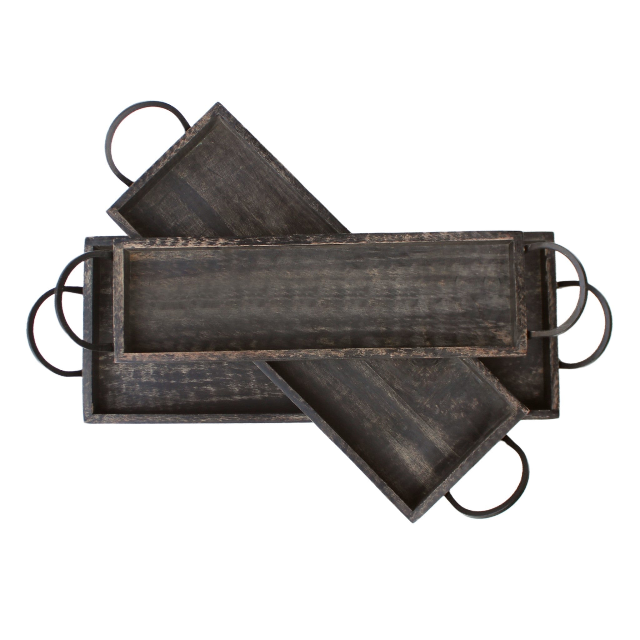 Wood Serving Tray with Handles in Charcoal Grey, Set of 3