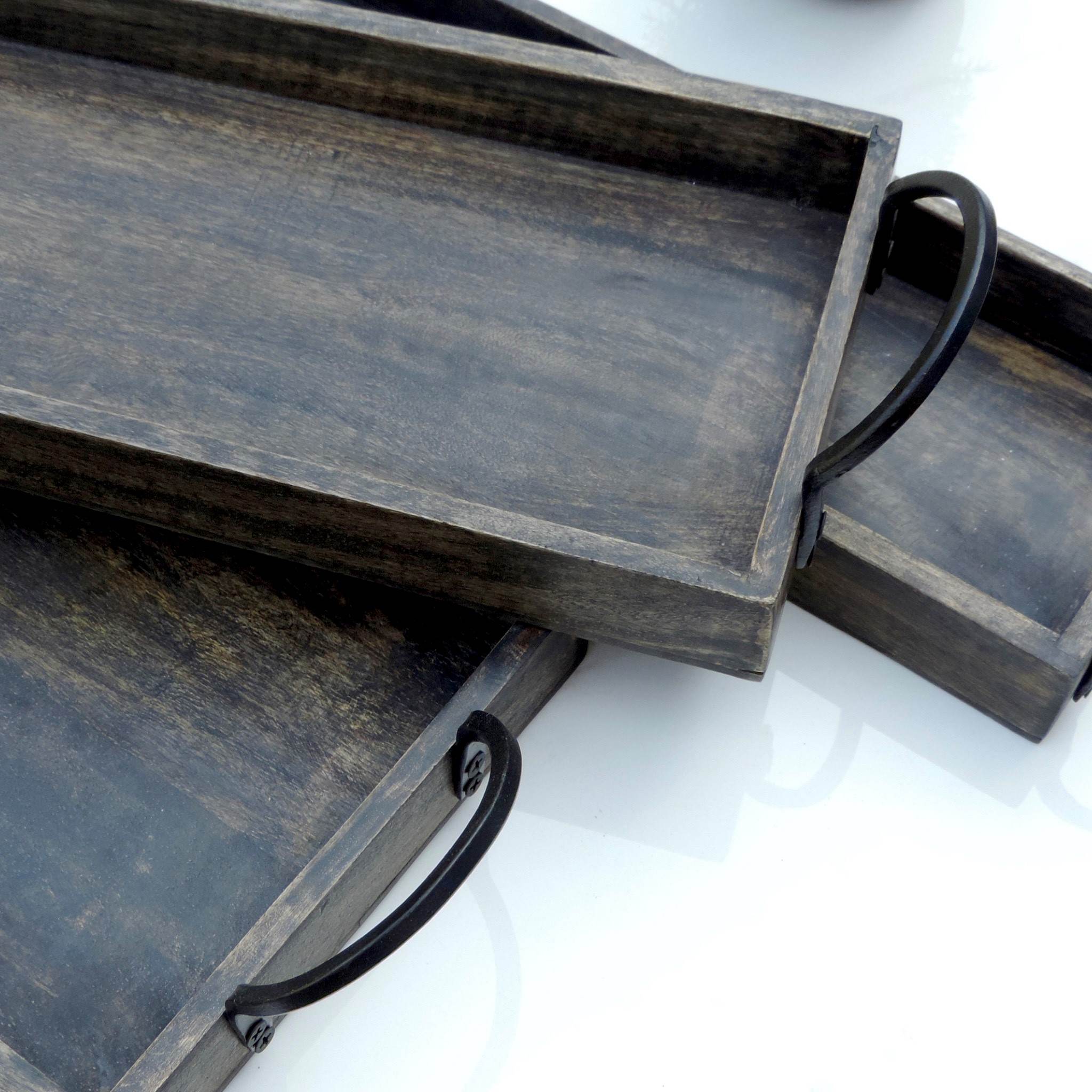 Wood Serving Tray with Handles in Charcoal Grey, Set of 3