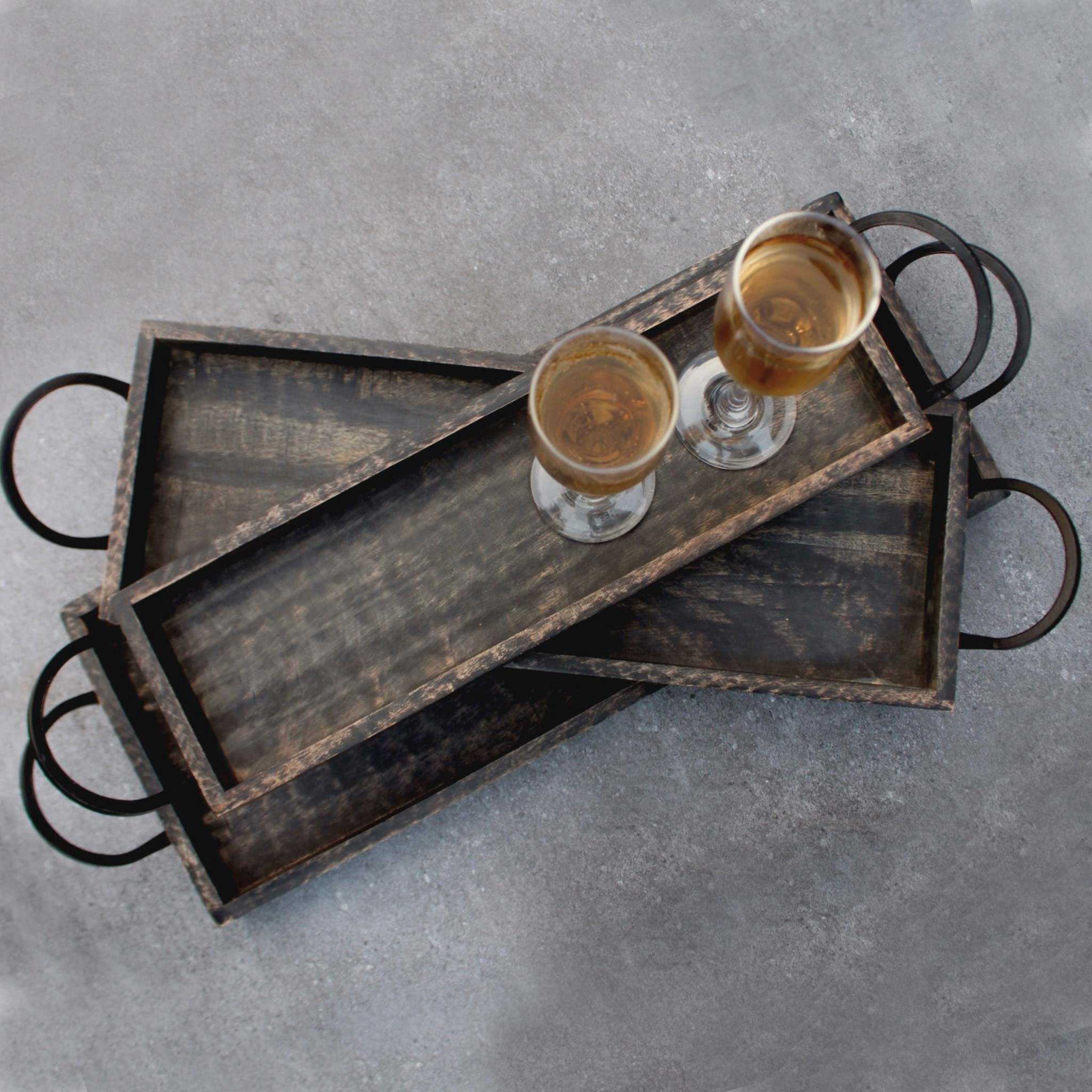 Wood Serving Tray with Handles in Charcoal Grey, Set of 3