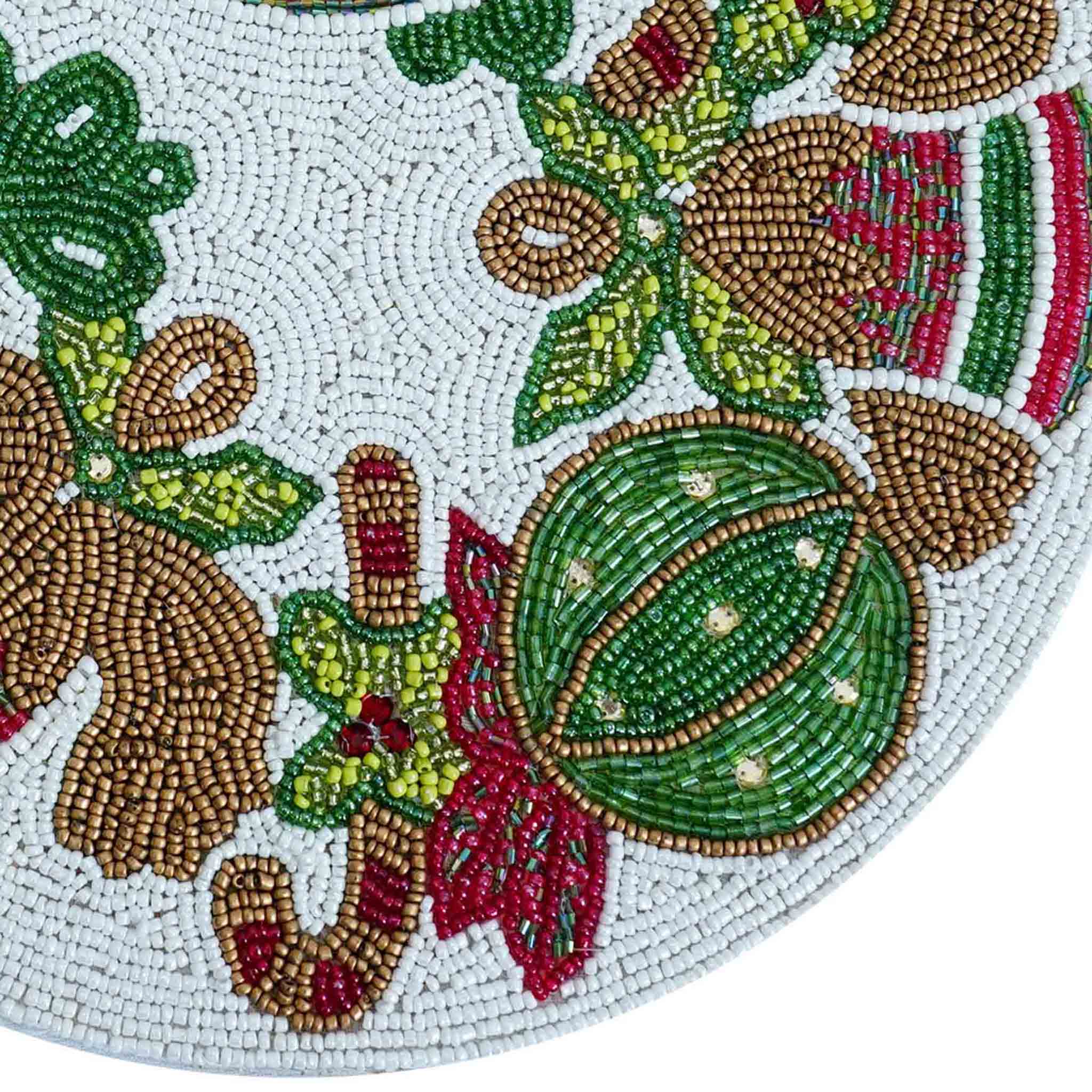 Jingle Balls Bead Embroidered Placemat in White, Red & Green, Set of 2/4