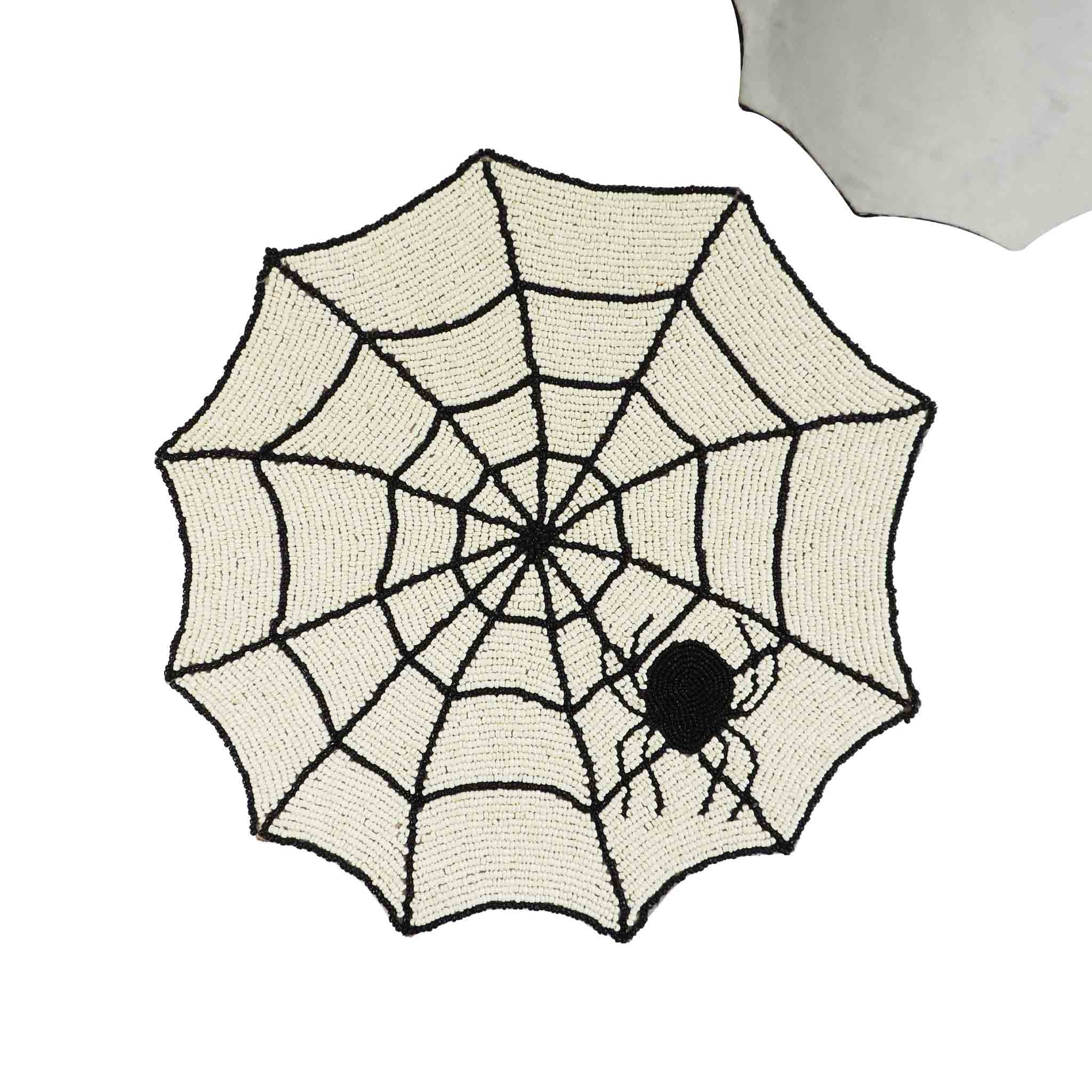 Halloween Spiderweb Bead Embroidered Placemat in Cream & Silver, Set of 2/4