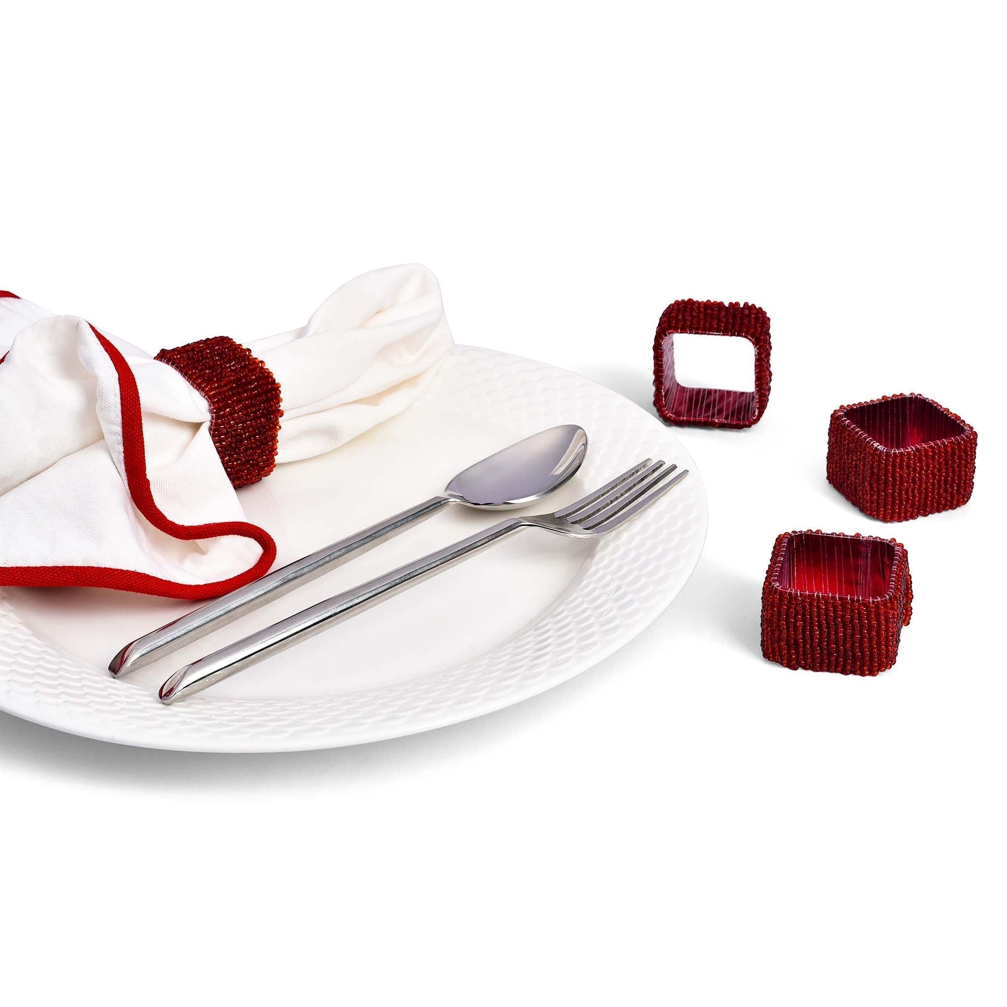 Terrific Trios - Glass Beaded Placemats, Coaster & Napkin Rings<br>Color: Red<br>Set of 4 - Trunkin' USA