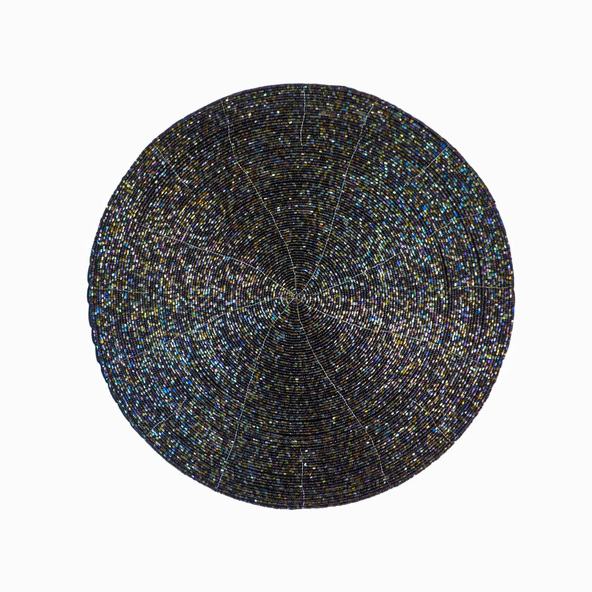 Glass Beaded Placemat <br>Set of 4<br>Size: 14" Round<br>Color: Black & Gold - Trunkin' USA
