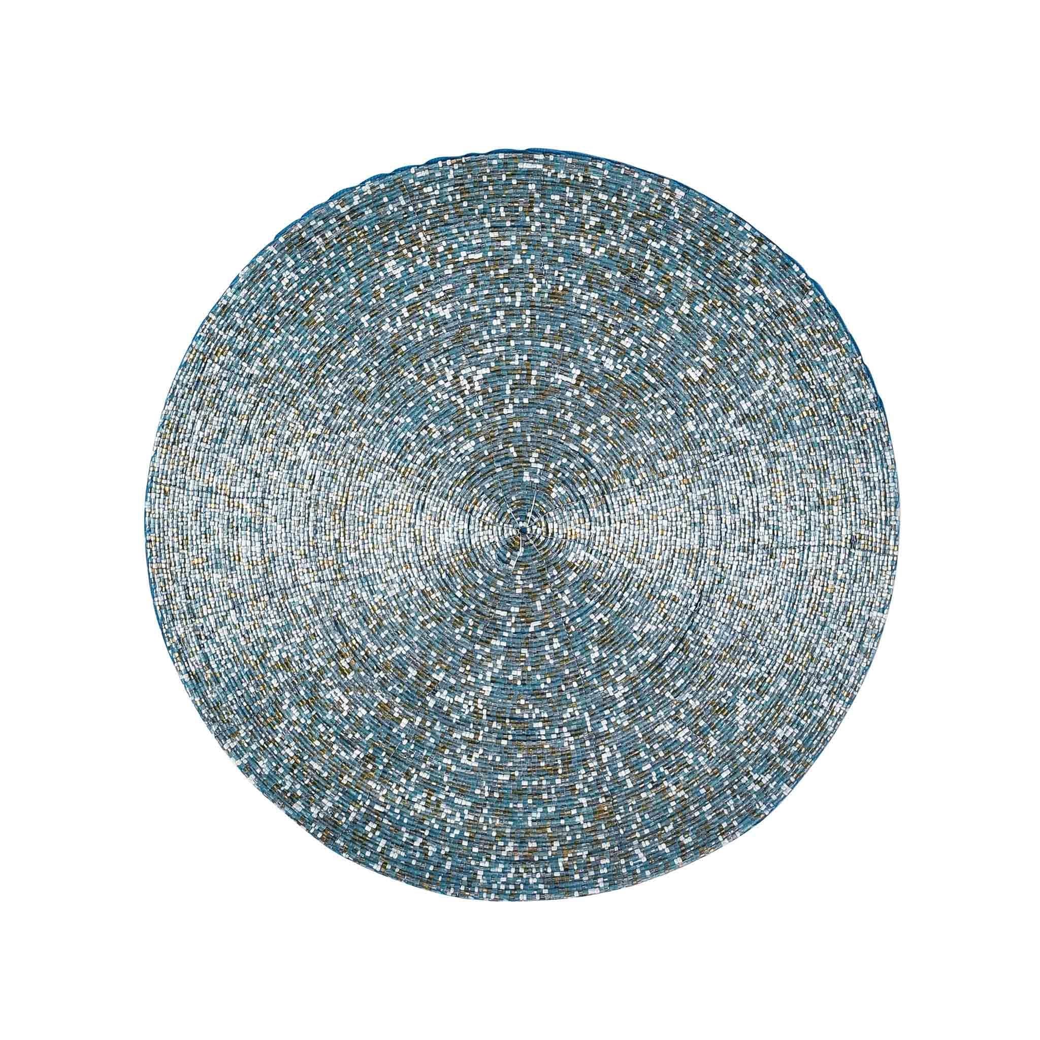 Glass Beaded Placemat  <br>Size: 13.5" Round<br>Set of 4<br>Color: Lite Blue Mix - Trunkin' USA