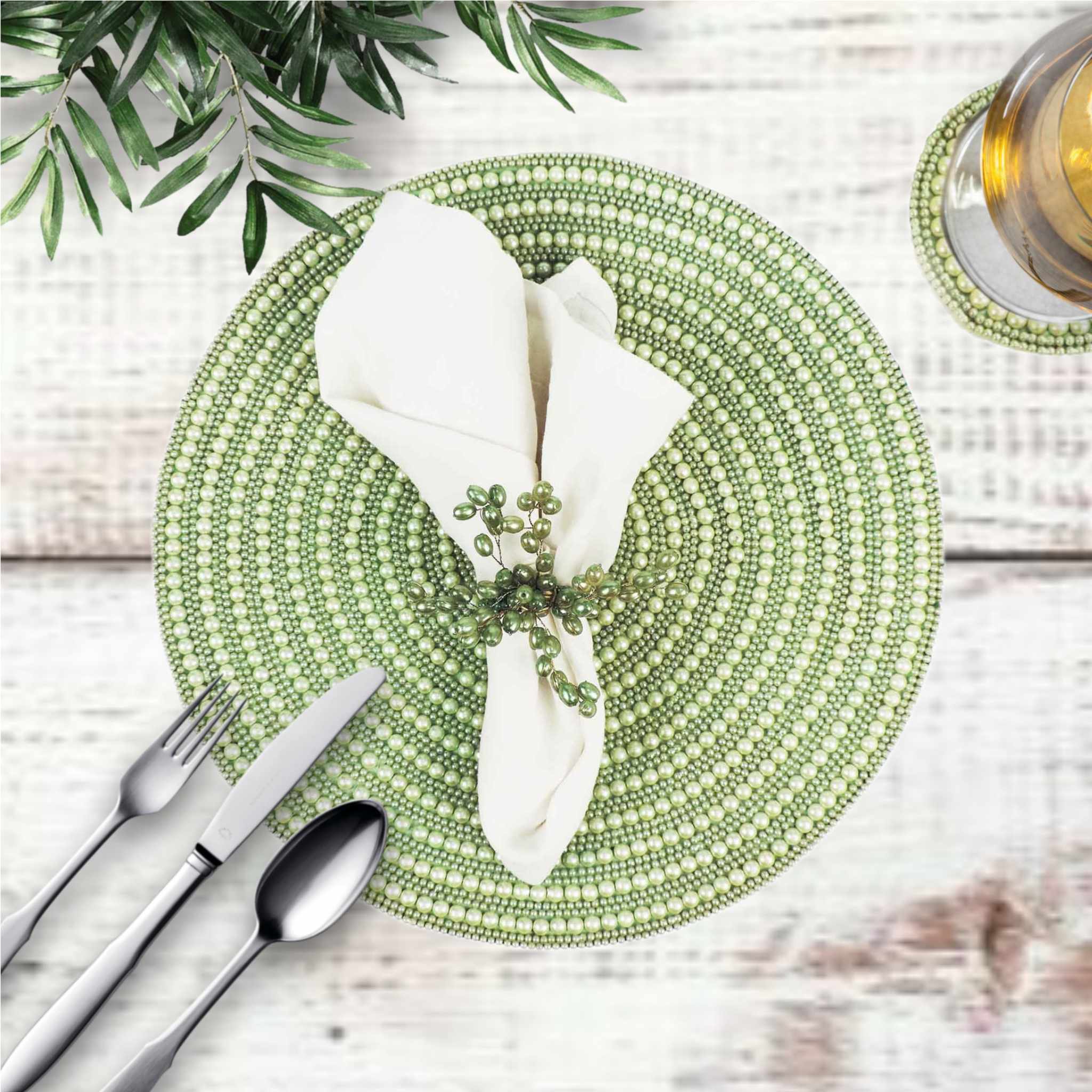 Whirl Bead Table Setting for 4 - Embroidered Placemats, Coasters & Napkin Rings in Light Green