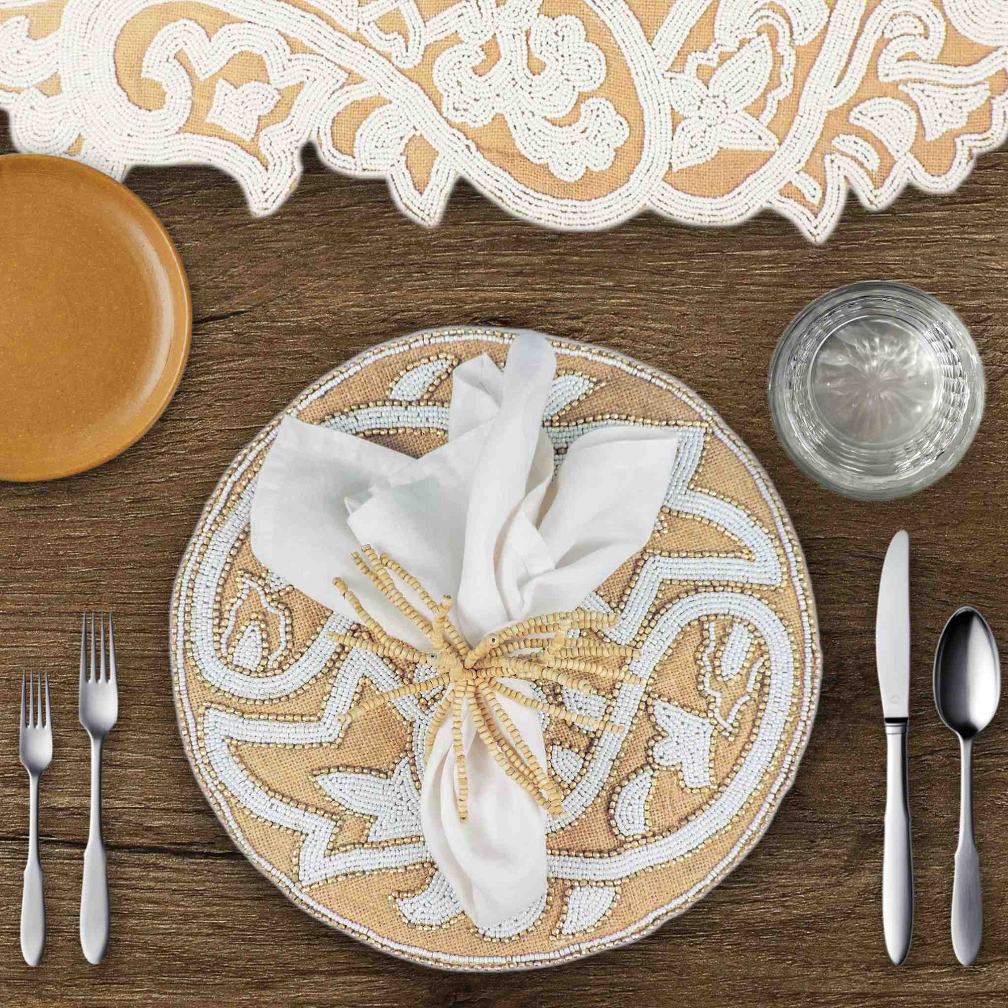 Il Pesce Glass Bead Embroidered Placemat in White & Natural, Set of 2/4
