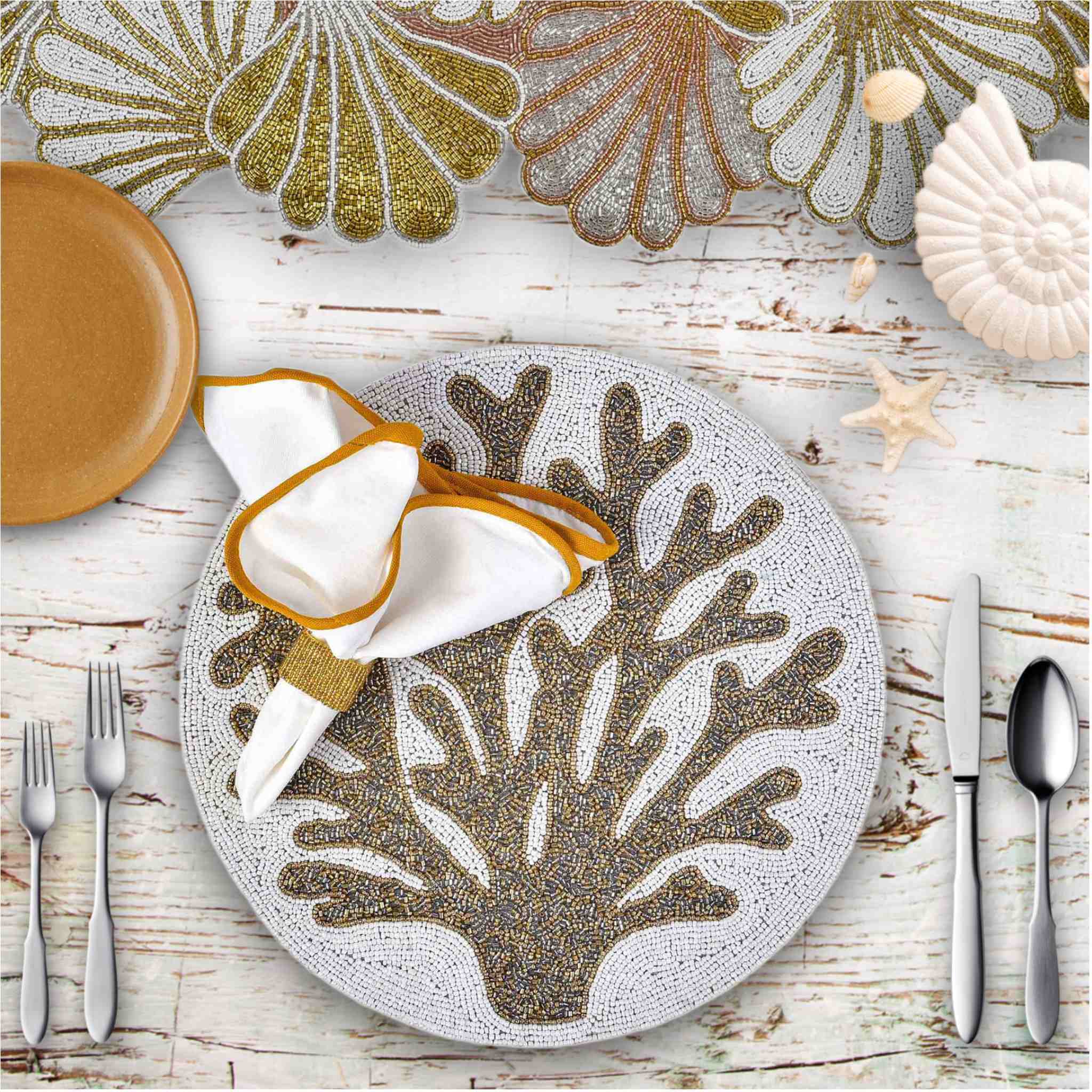Clam Casino Embroidered Table Runner in Gold, Cream & Silver
