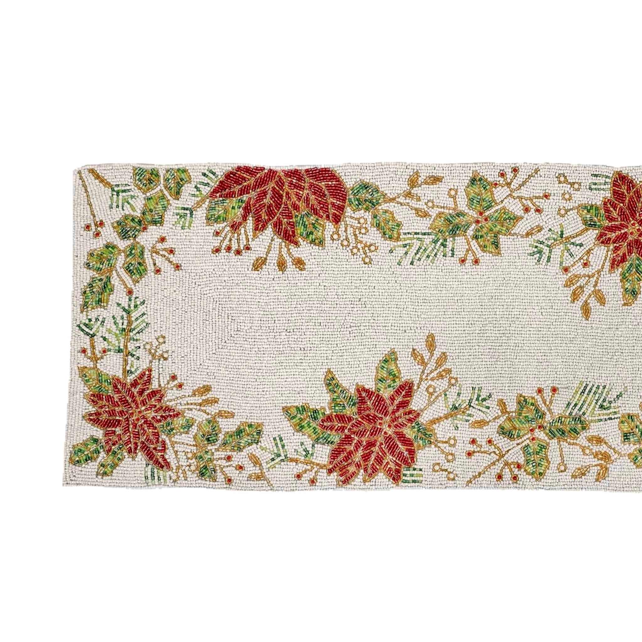 Tis' The Season Bead Embroidered Table Runner in Red, White & Green